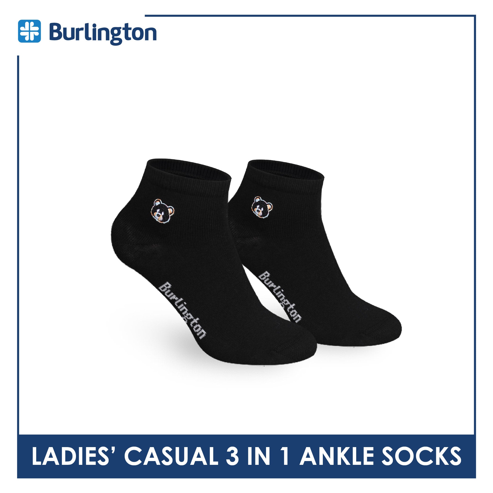 Burlington | Bearlington Ladie's Cotton Embroidered Casual Ankle Socks 3 pairs in a pack TBLE622-5