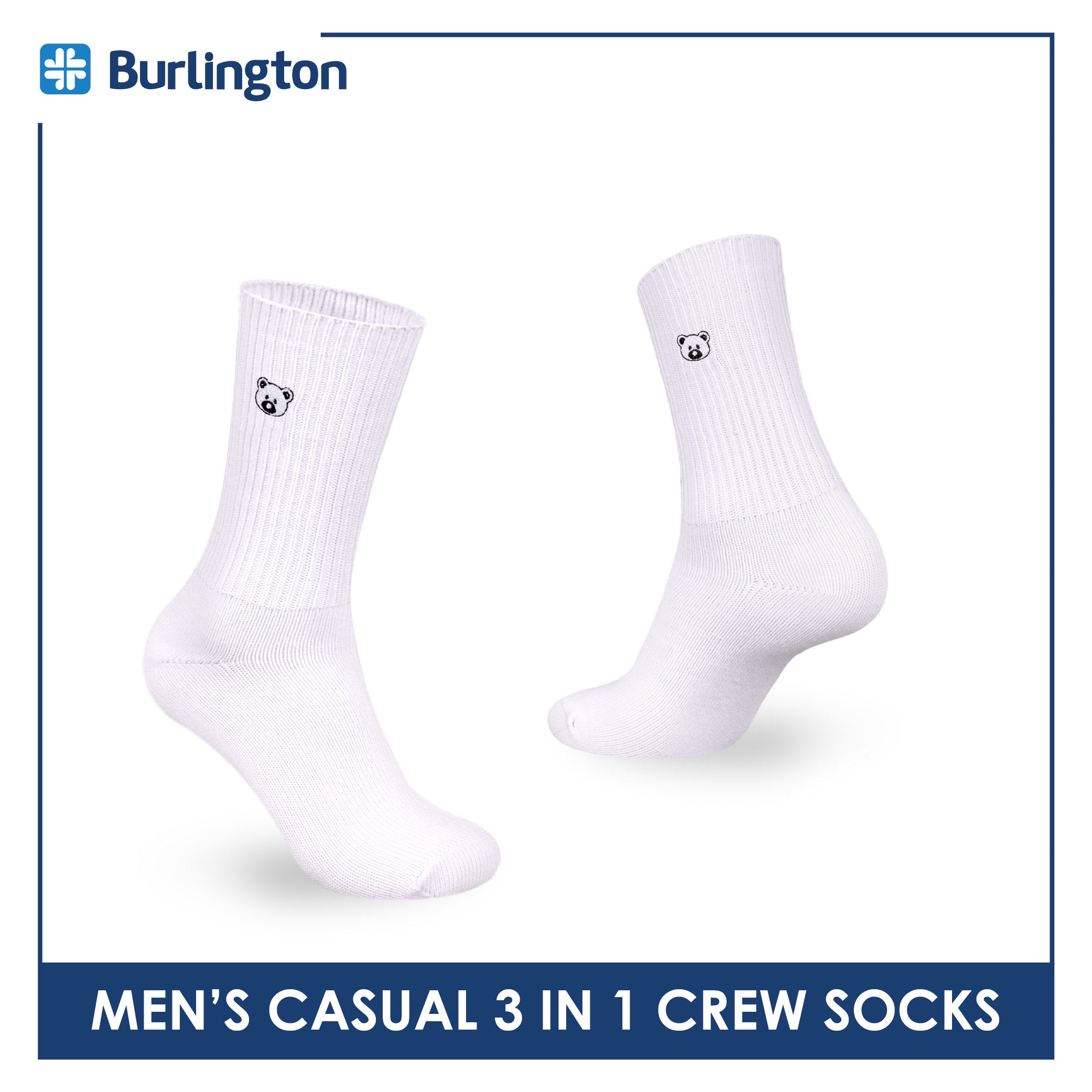 Burlington | Bearlington Men's Cotton Embroidered Casual Crew Socks 3 pairs in a pack TBME146-2