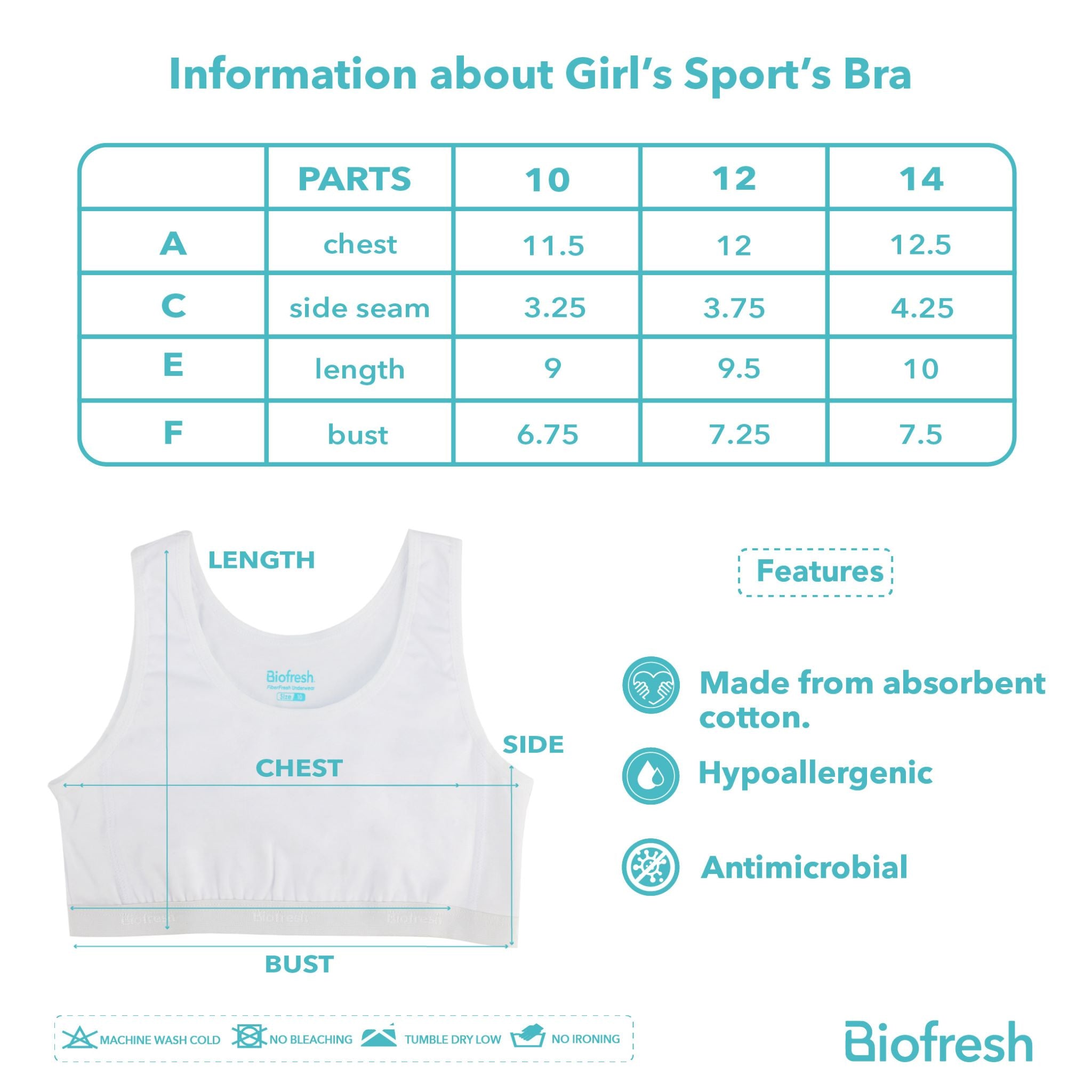 Biofresh Girls' Antimicrobial Sports Bra 1 piece UGBR01