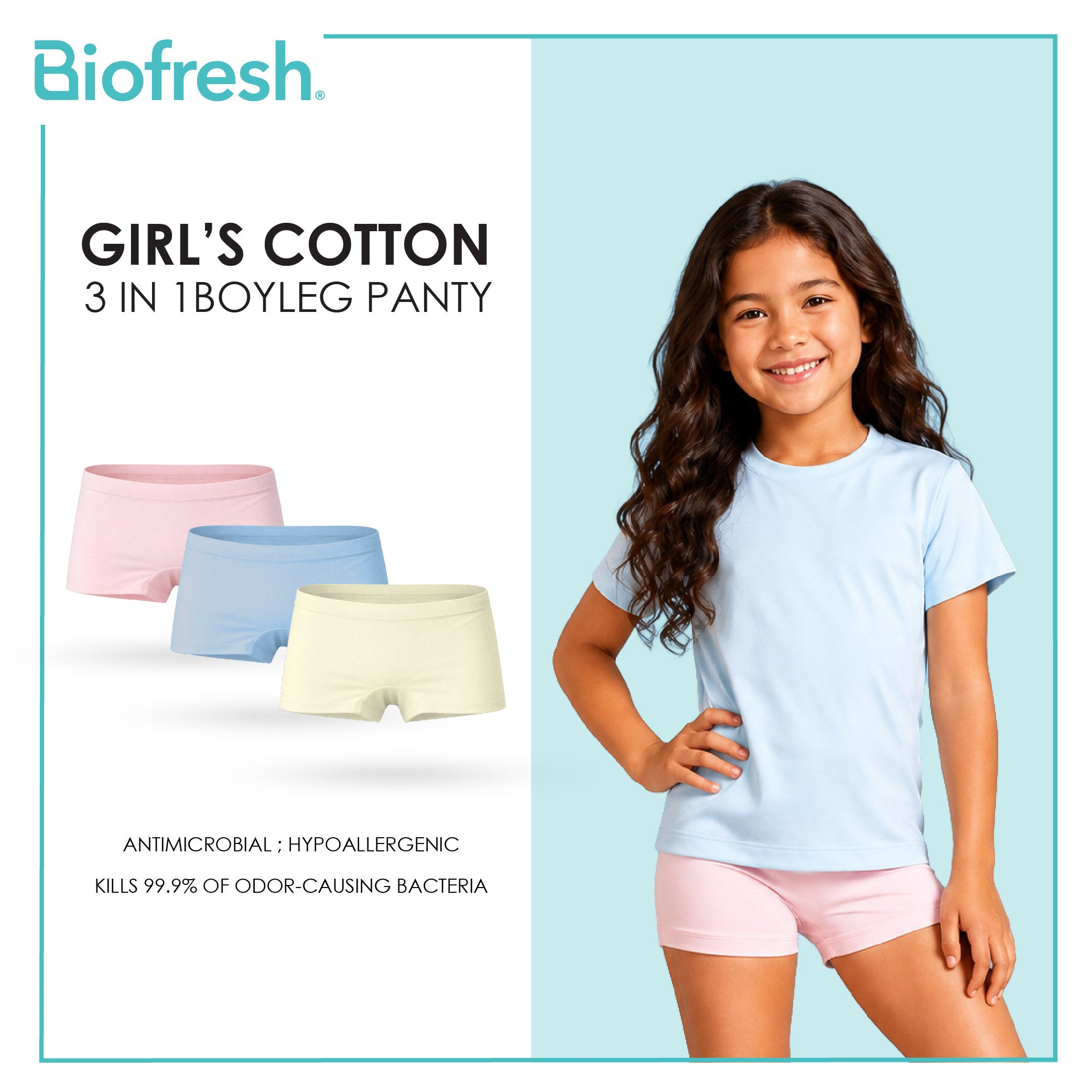 Biofresh Girls’ Antimicrobial Cotton Boyleg Panty 3 pieces in a pack UGPBG2