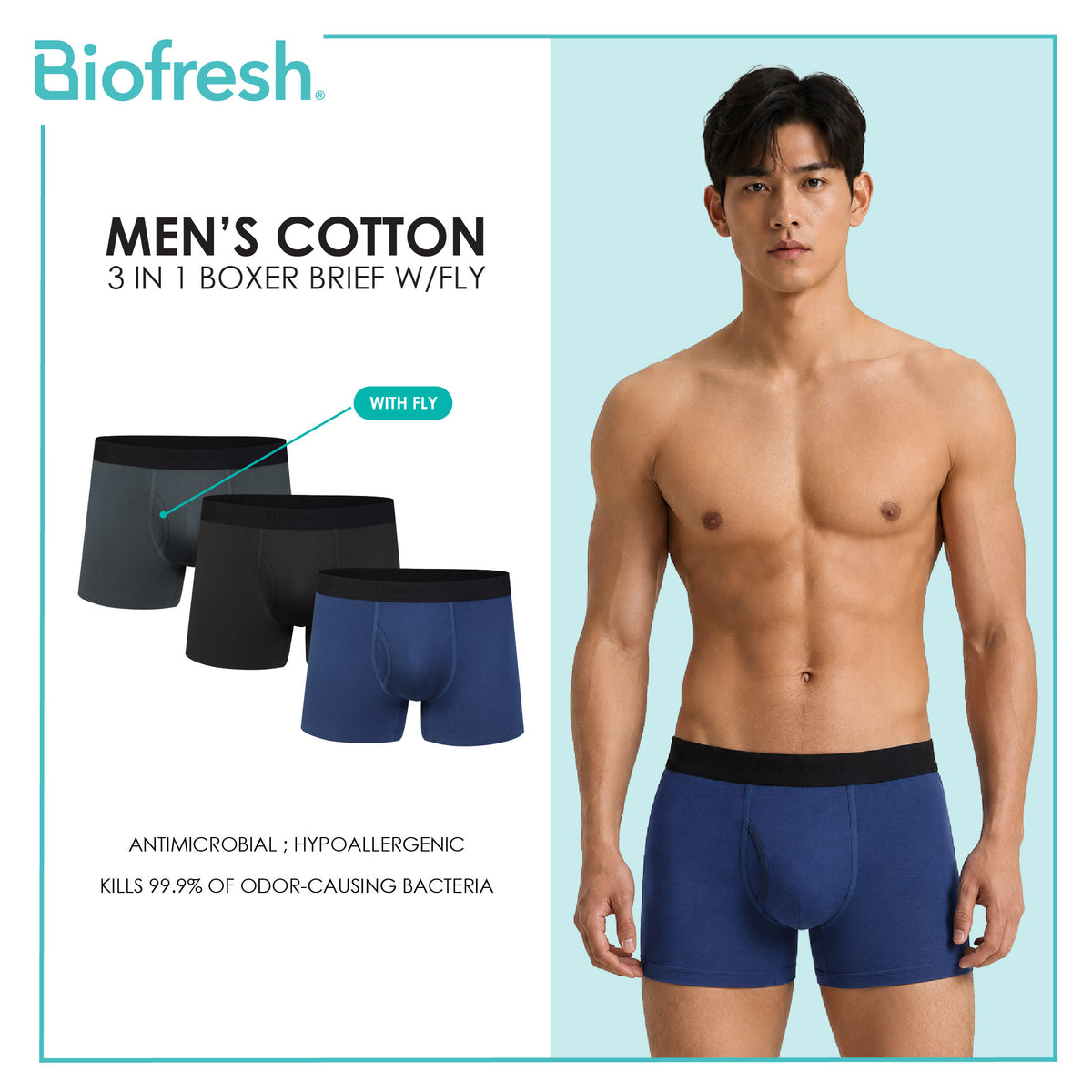 Biofresh Men's Antimicrobial Cotton Boxer Brief with fly 3 pieces in a pack UMBBG30