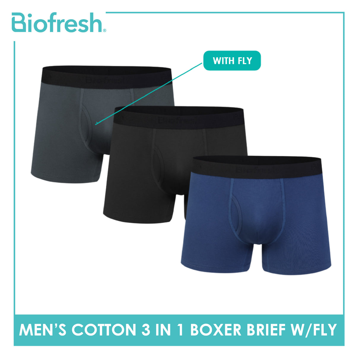Biofresh Men's Antimicrobial Cotton Boxer Brief with fly 3 pieces in a pack UMBBG30