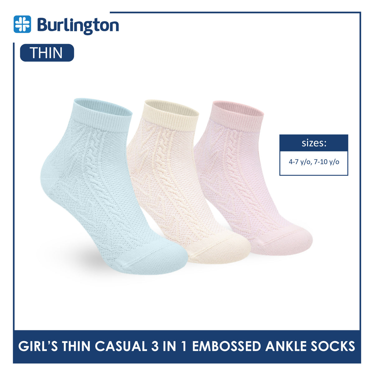 Burlington Girls’ Embossed Cotton Thin Casual Ankle Socks 3 pairs in 1 pack BGCMG611