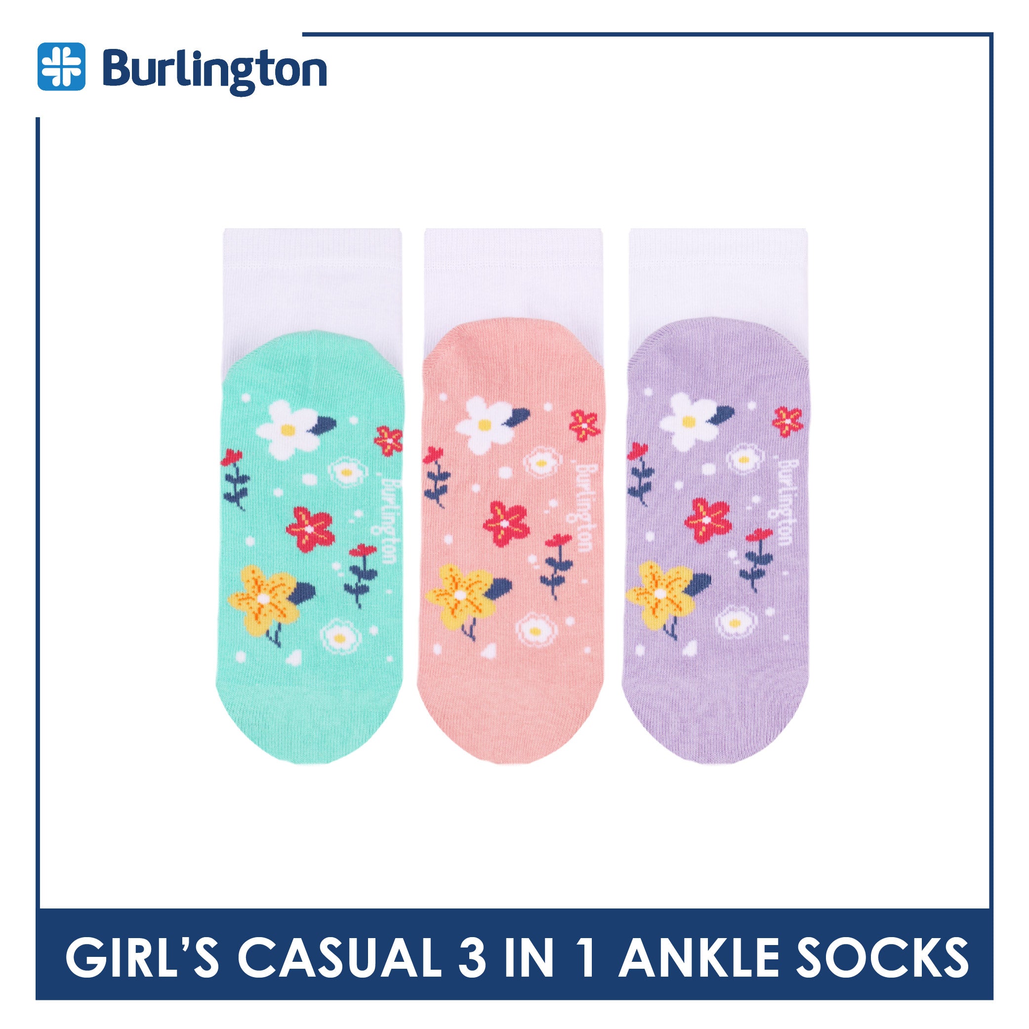 Burlington Girls’ Cotton Casual Ankle Socks 3 pairs in 1 pack BGCKG69