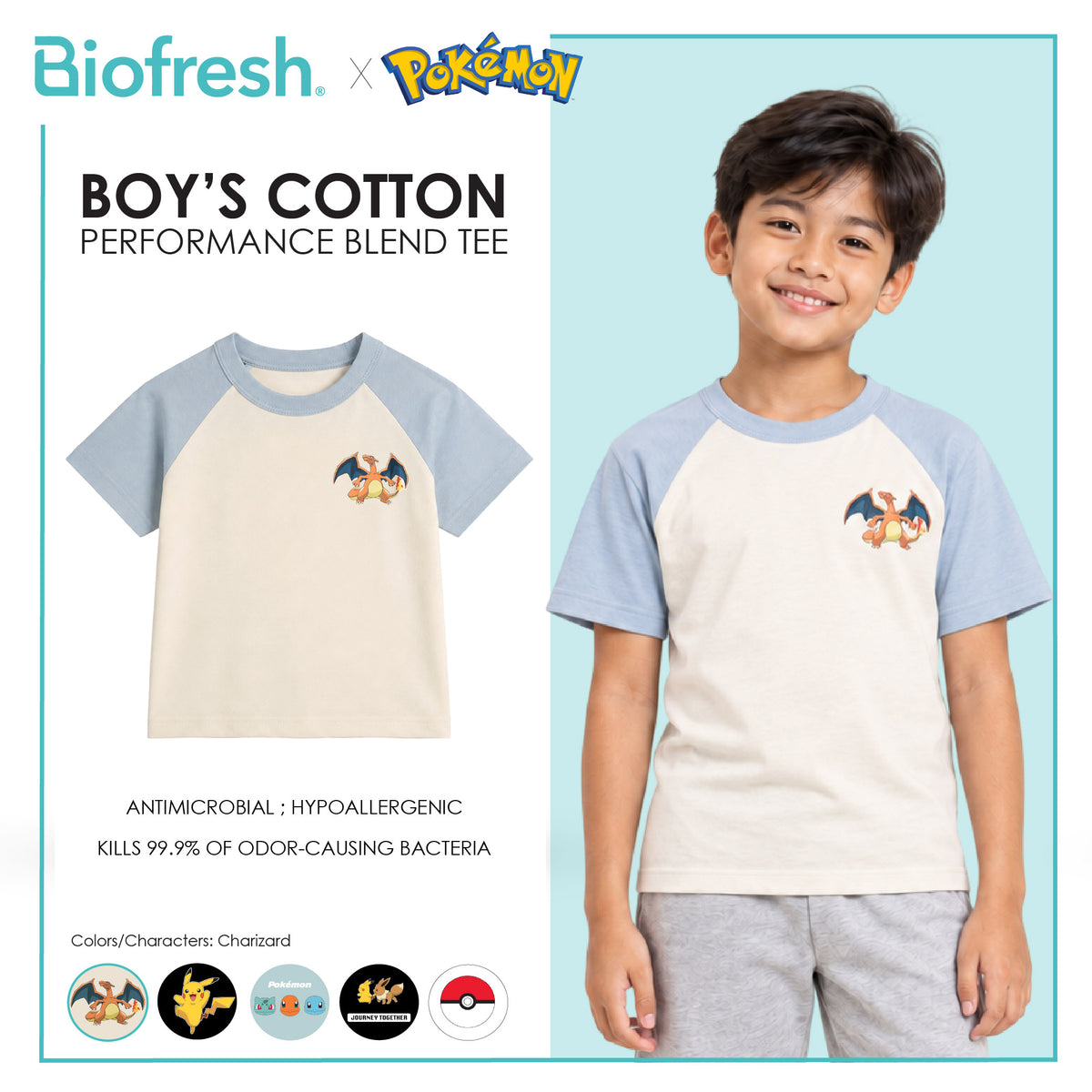 Biofresh | Pokemon Boys’ Antimicrobial Cotton Performance Blend Tee 1 piece PKBSR621