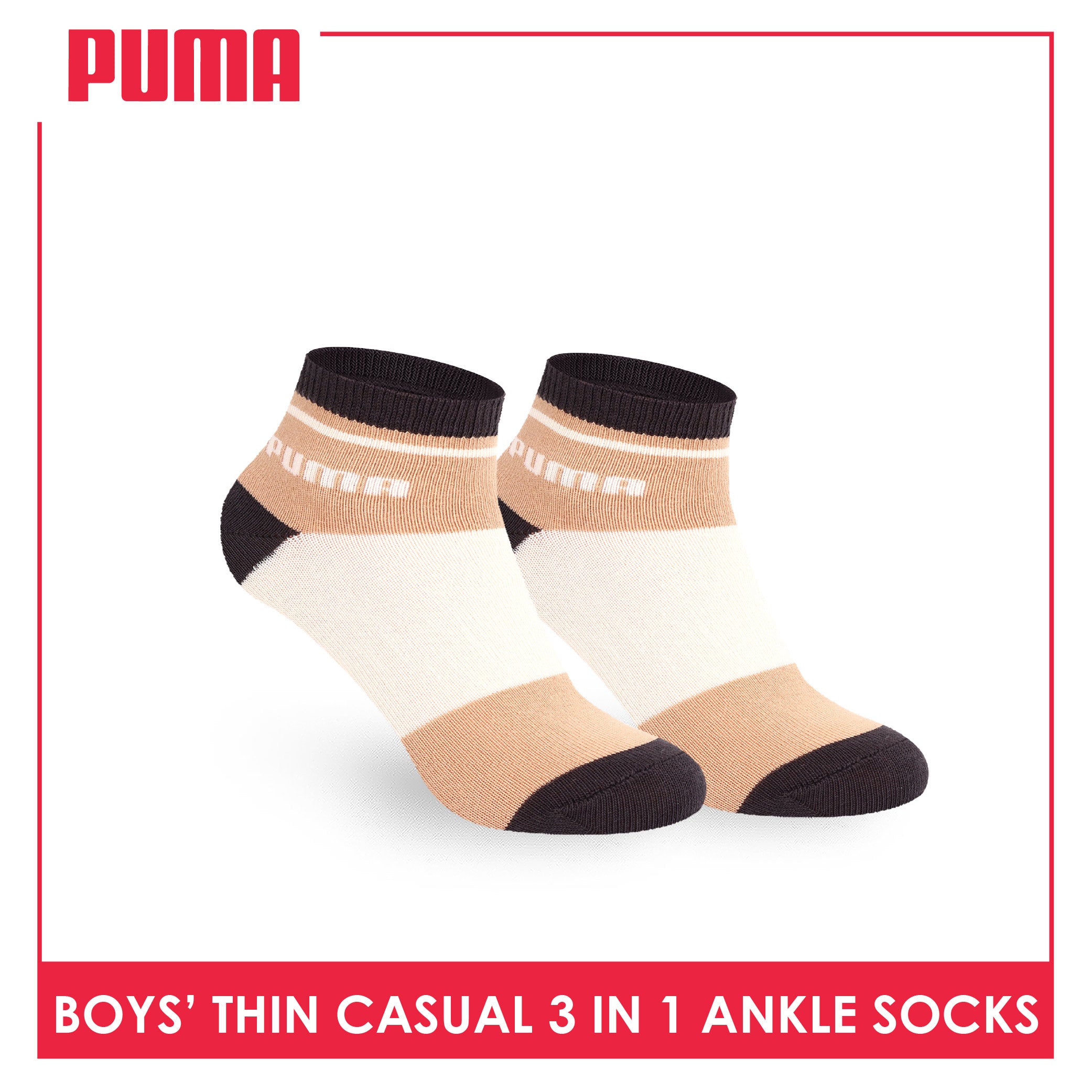 Puma Boys’ Cotton Thin Casual Ankle Socks 3 pairs in 1 pack PBCG611