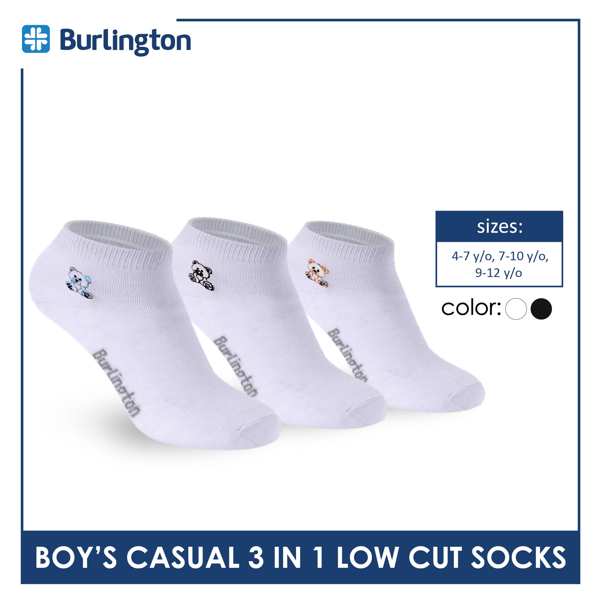 Burlington | Bearlington Boys’ Cotton Embroidered Casual Low Cut Socks 3 pairs in a pack TBBCE1