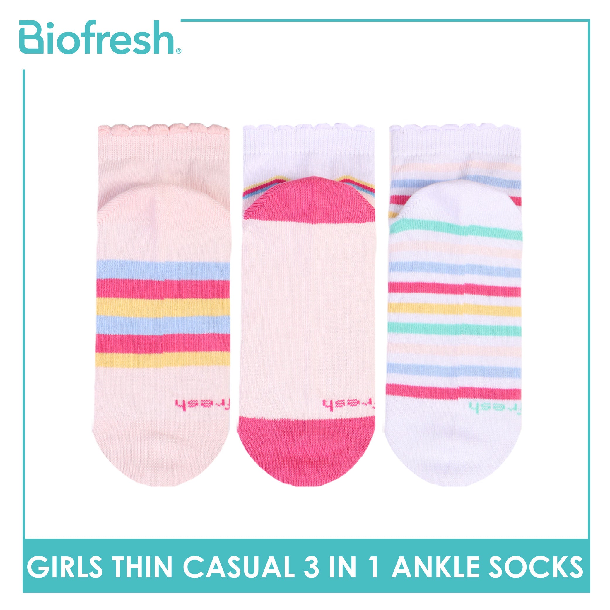 Biofresh Girl's Cotton Thin Casual Ankle Socks 3 pairs in 1 pack RGCG611