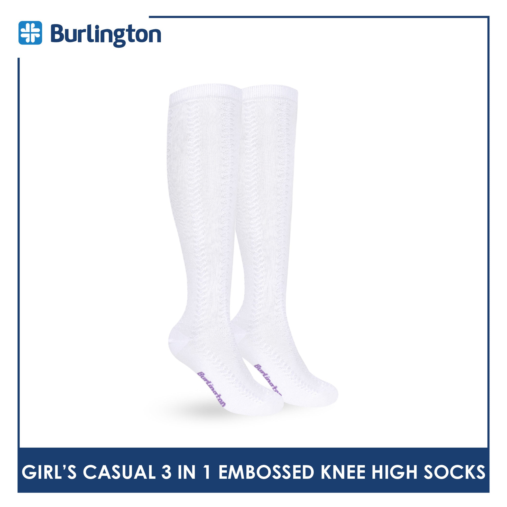 Burlington Girls’ Embossed Cotton Thin Casual Knee High Socks 3 pairs in 1 pack BGKHMG2