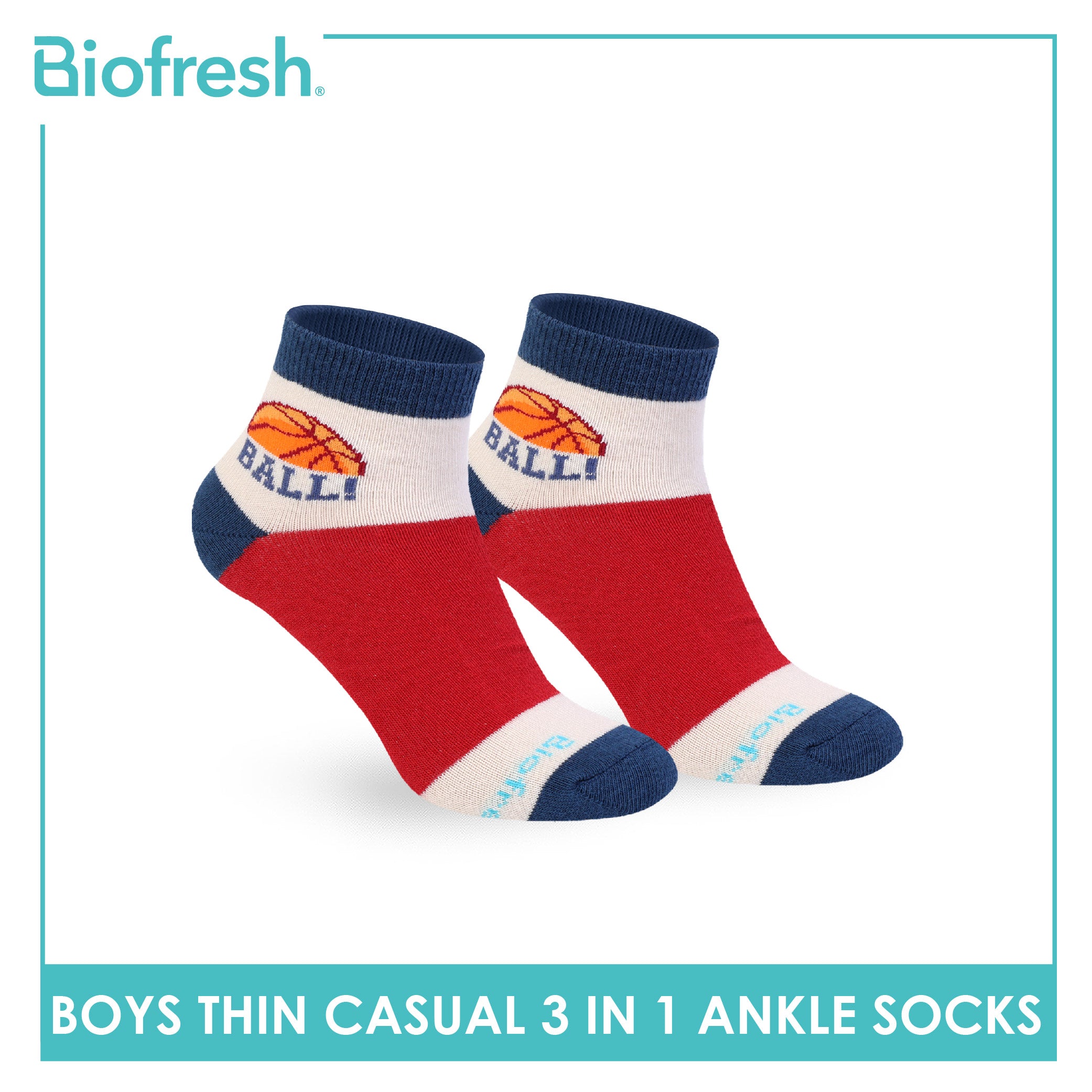 Biofresh Boys’ Cotton Thin Casual Ankle Socks 3 pairs in 1 pack RBCG617