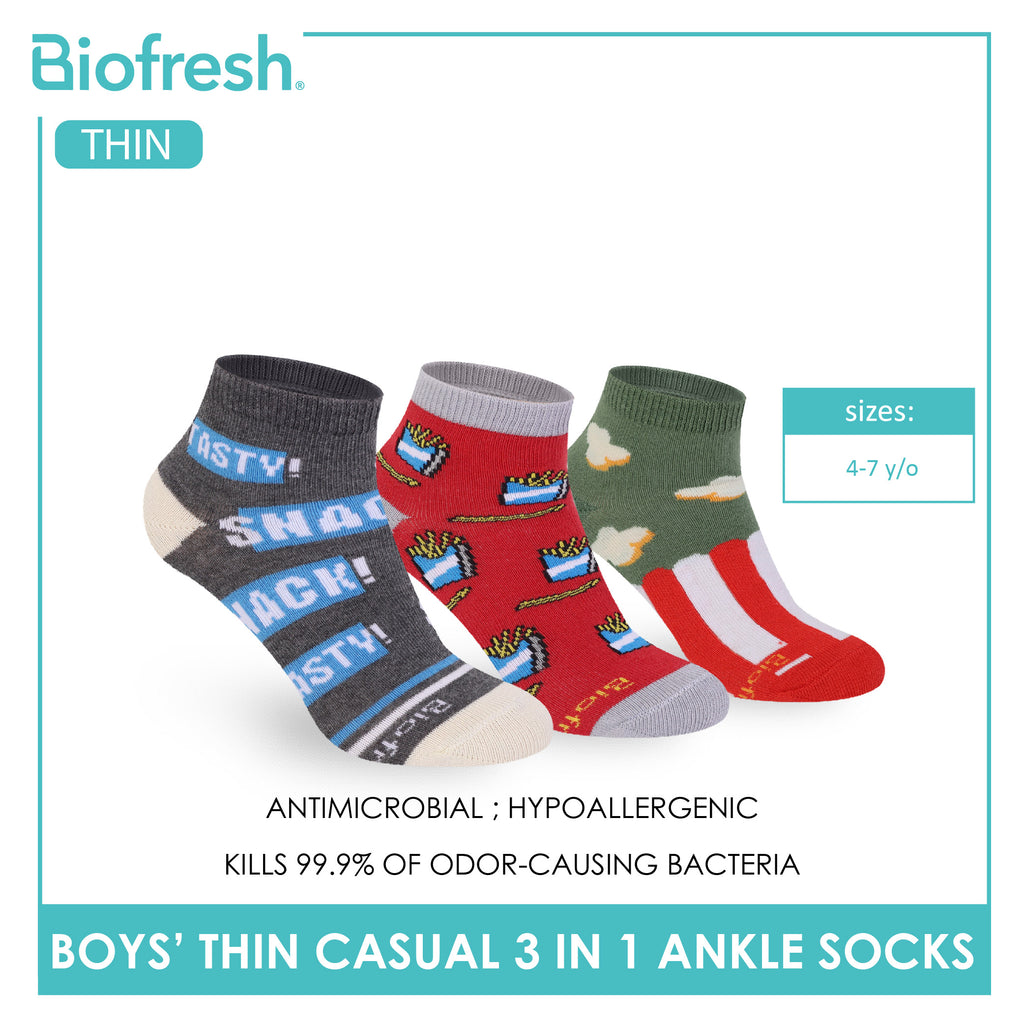 Biofresh Boys' Antimicrobial Cotton Thin Casual Ankle Socks 3 pairs in 1 pack RBCG616