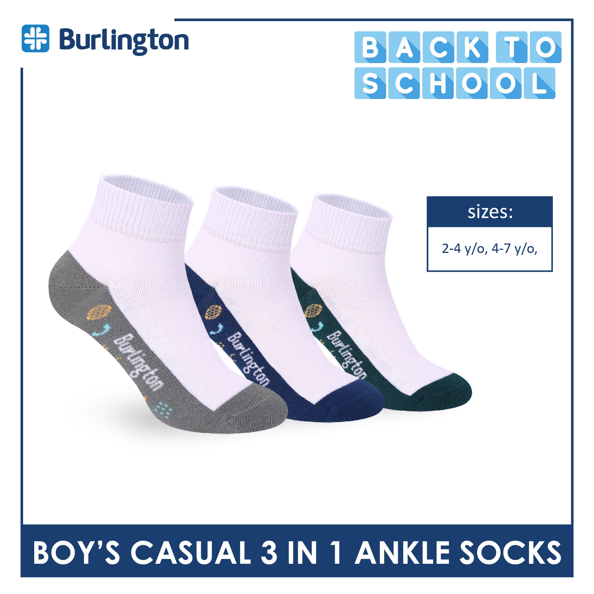 Burlington Boys’ Cotton Casual Ankle Socks 3 pairs in 1 pack BBCKG79