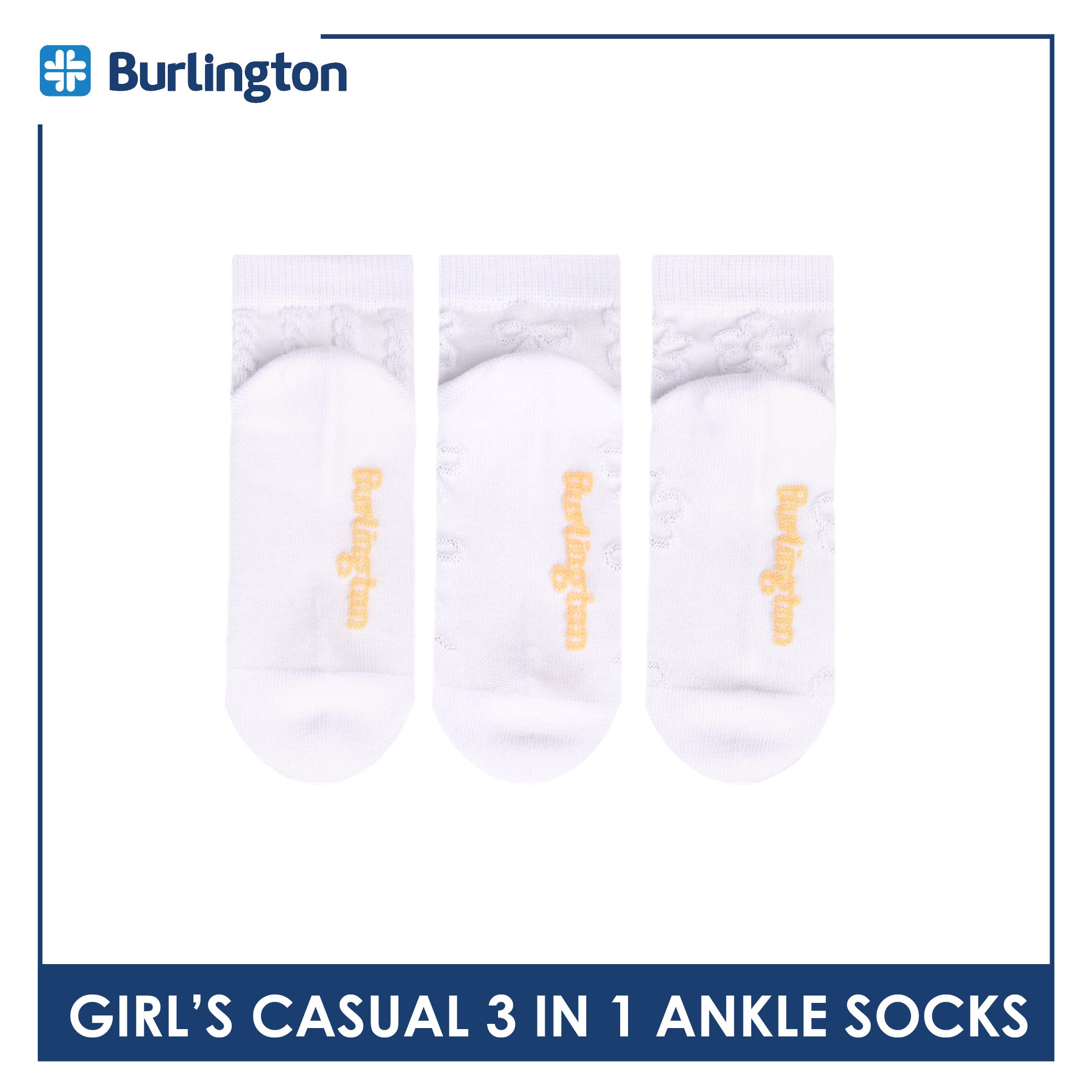 Burlington Girls’ Embossed Cotton Casual Ankle Socks 3 pairs in 1 pack BGCMG2
