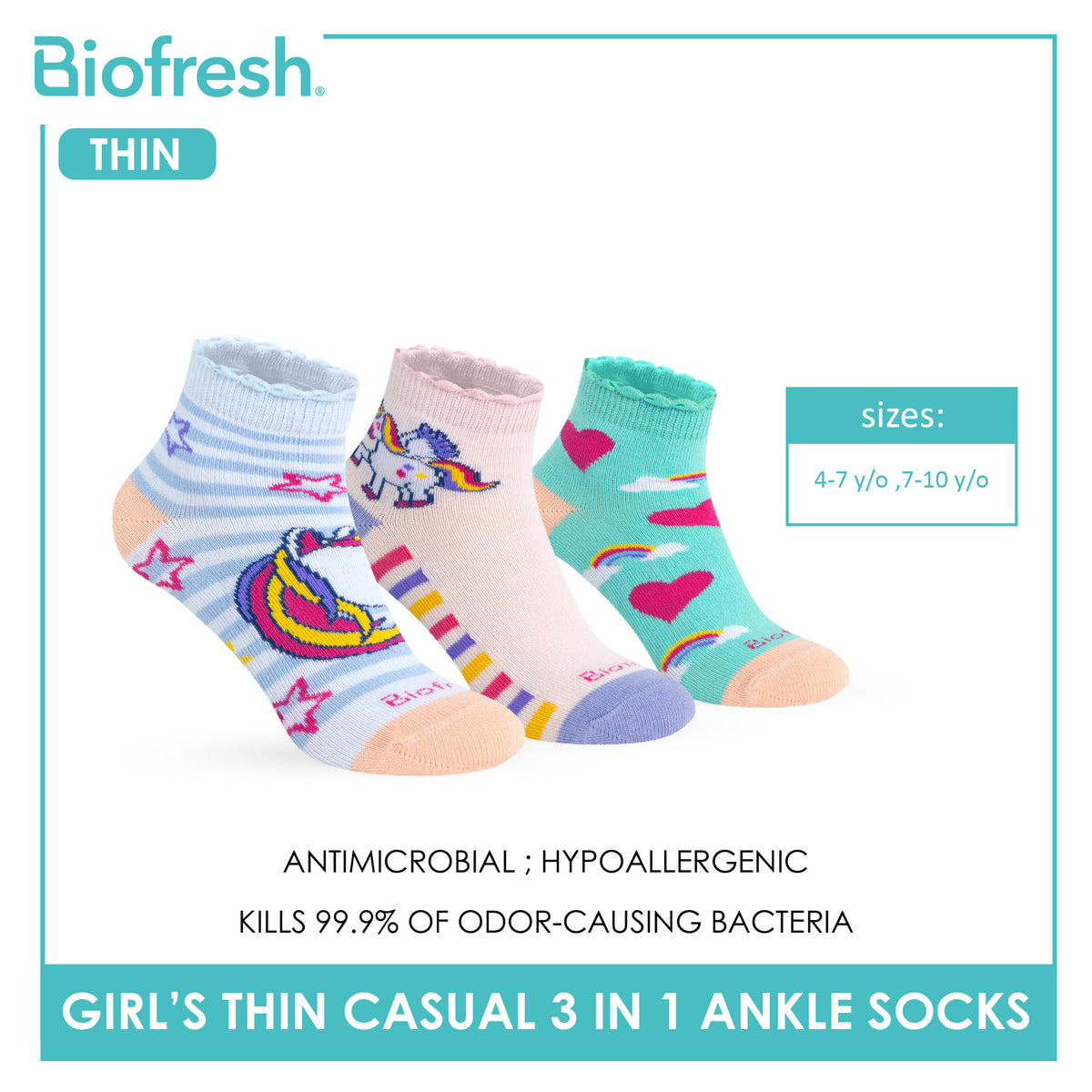 Biofresh Girl's Antimicrobial Cotton Thin Casual Ruffle Ankle Socks 3 pairs in 1 pack RGCG633