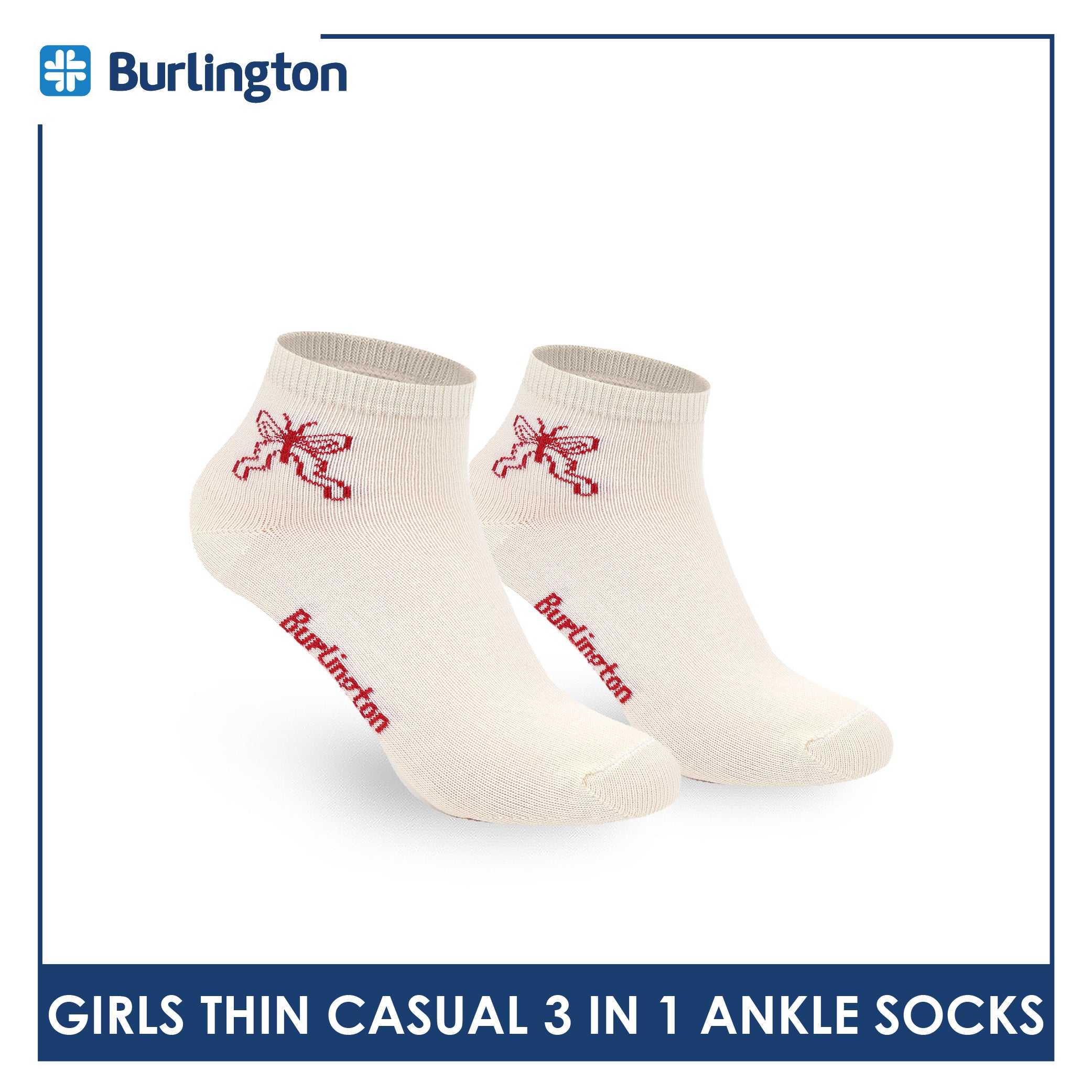 Burlington Girl's Cotton Thin Casual Ankle Socks 3 pairs in 1 pack BGCG612