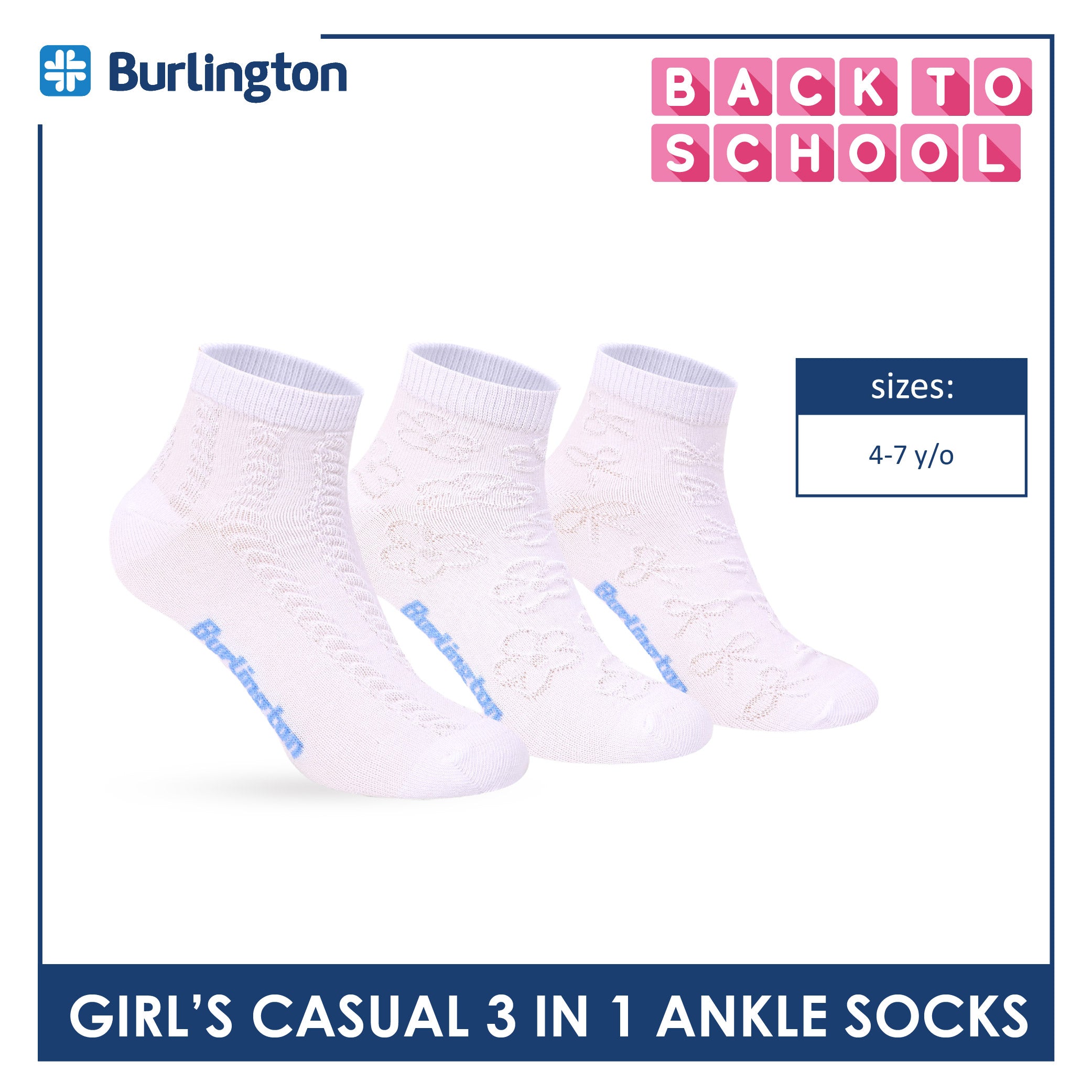 Burlington Girls’ Embossed Cotton Casual Ankle Socks 3 pairs in 1 pack BGCMG2