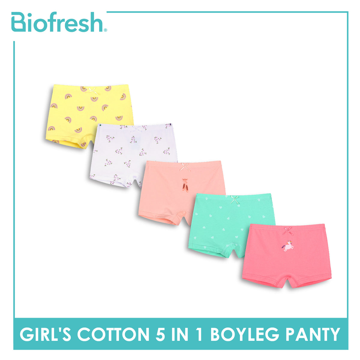 Biofresh Girls’ Antimicrobial Cotton Boyleg Panty 5 pieces in a pack UGPBG621F