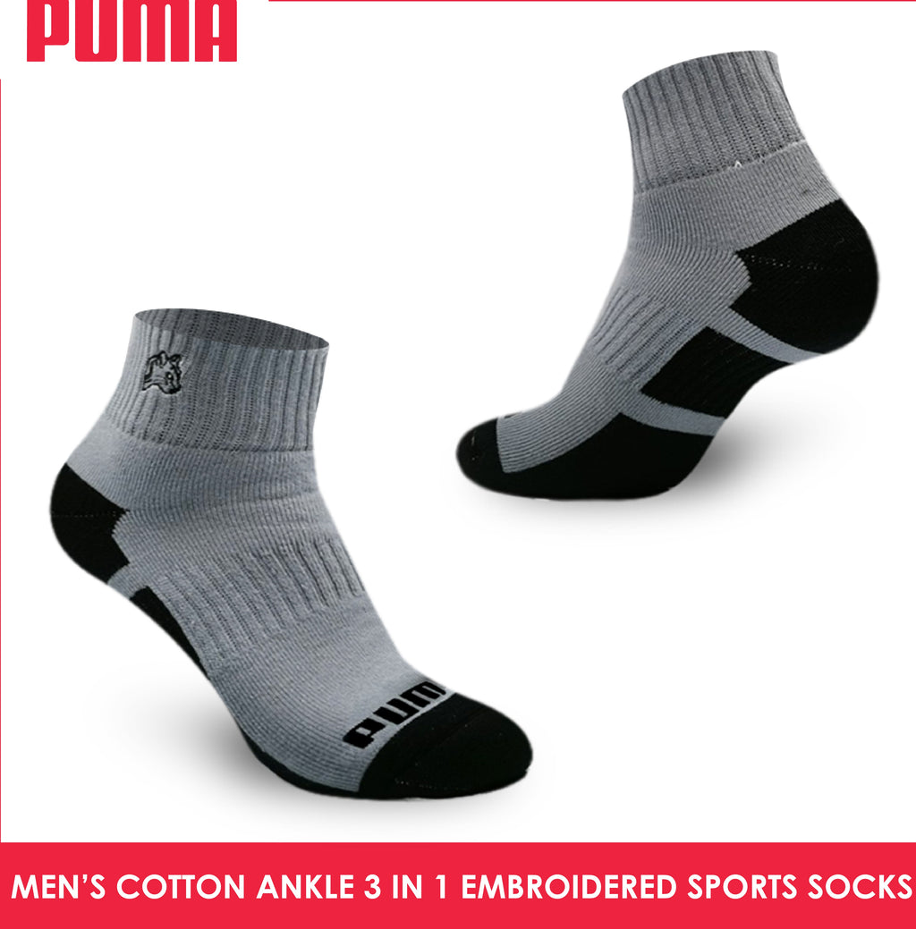 Puma Men's Emroidered Thick Sports Ankle Socks 3 pairs in a pack PMSEG9