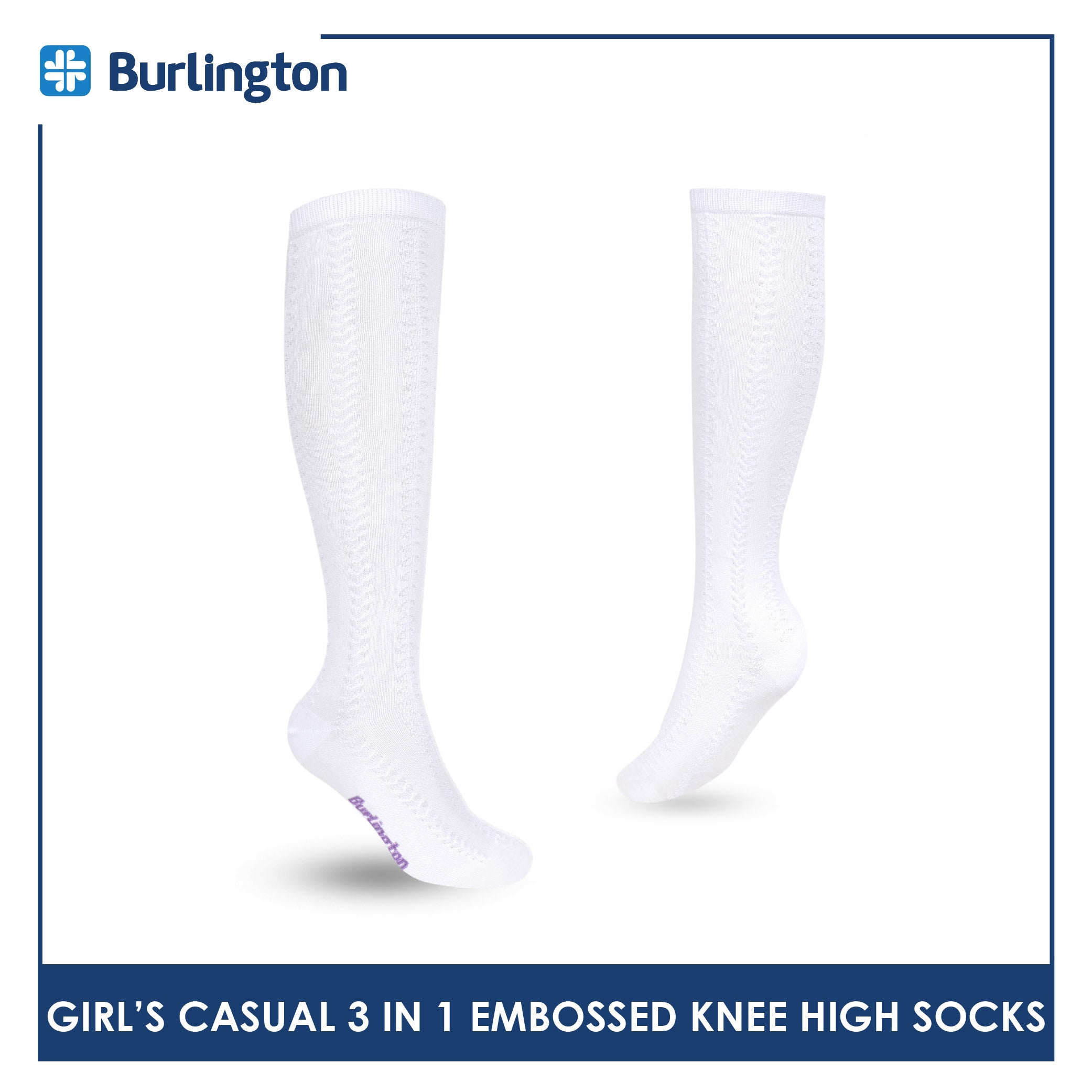 Burlington Girls’ Embossed Cotton Thin Casual Knee High Socks 3 pairs in 1 pack BGKHMG2