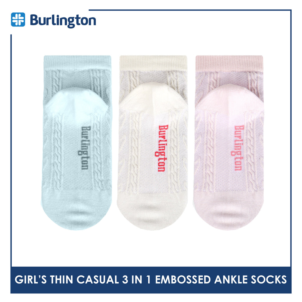 Burlington Girls’ Embossed Cotton Thin Casual Ankle Socks 3 pairs in 1 pack BGCMG611