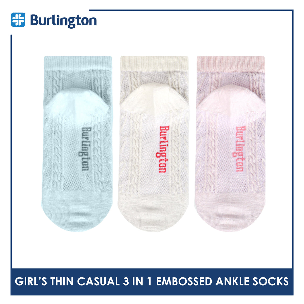 Burlington Girls’ Embossed Cotton Thin Casual Ankle Socks 3 pairs in 1 pack BGCMG611