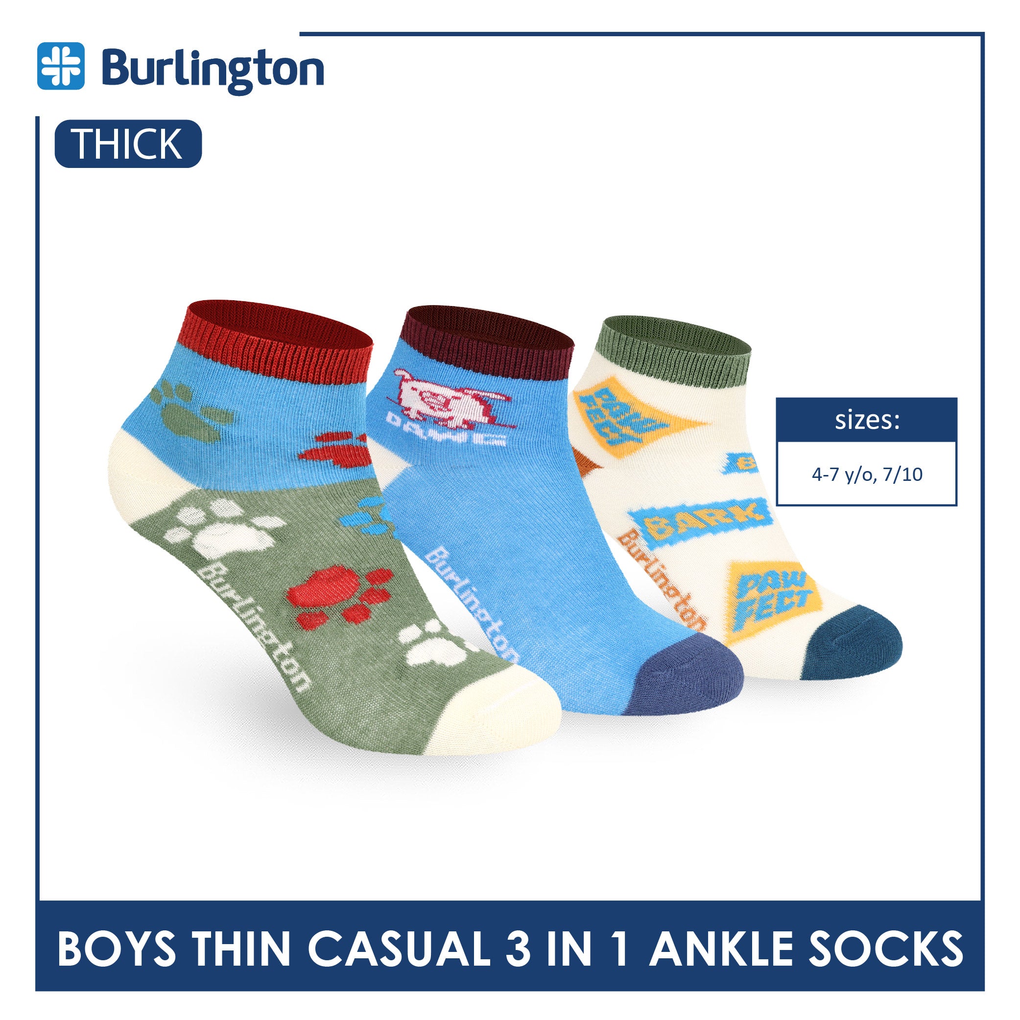 Burlington Boys’ Cotton Thin Casual Ankle Socks 3 pairs in 1 pack BBCG616