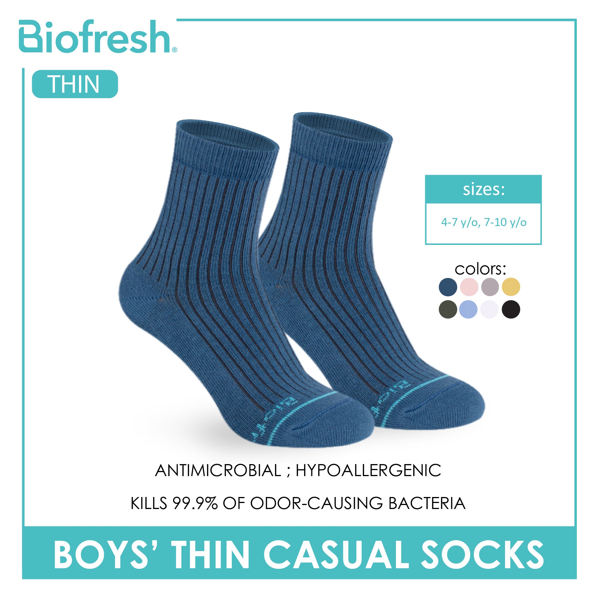 Biofresh Boys’ Antimicrobial Cotton Thin Casual Socks 1 pair in 1 pack RBC631