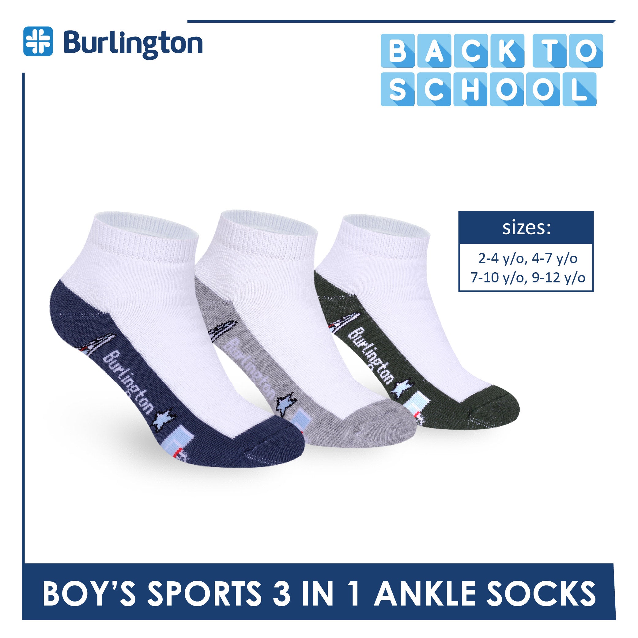 Burlington Boys’ Cotton Sports Ankle Socks 3 pairs in 1 pack BBSKG40
