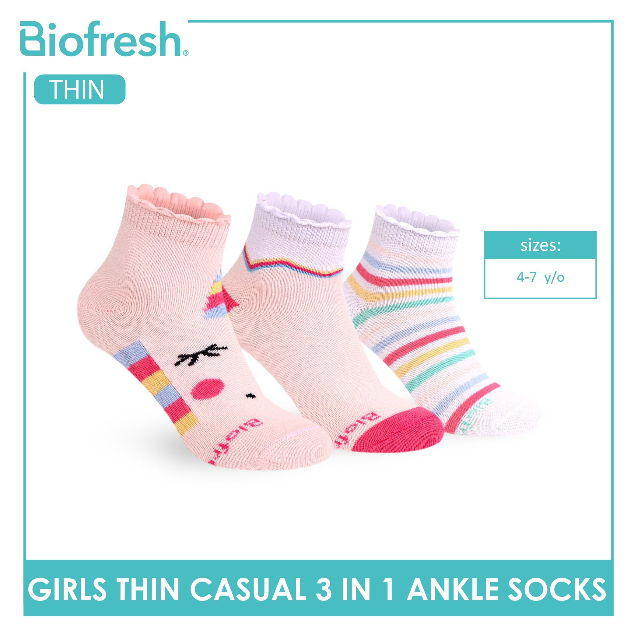 Biofresh Girl's Cotton Thin Casual Ankle Socks 3 pairs in 1 pack RGCG611