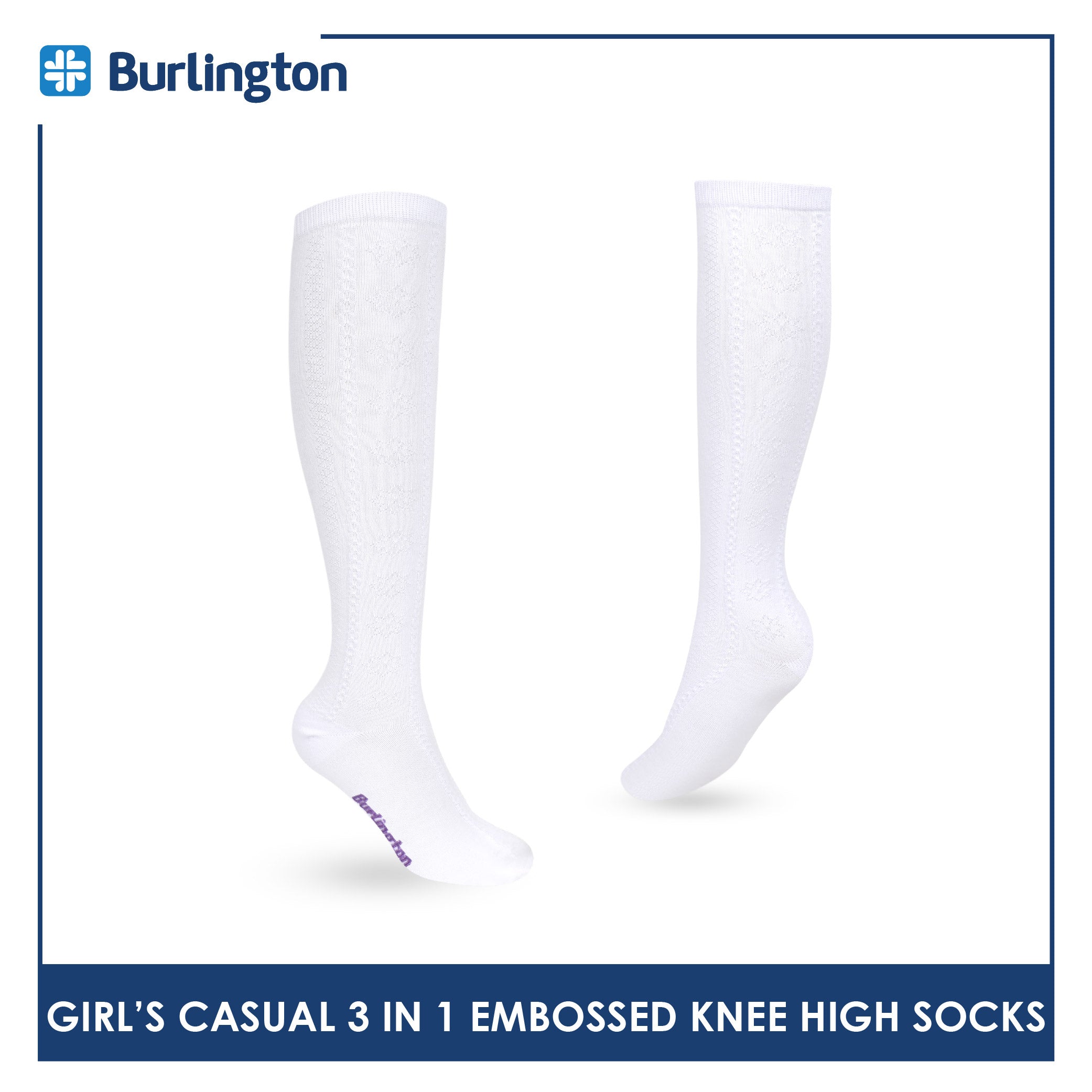 Burlington Girls’ Embossed Cotton Thin Casual Knee High Socks 3 pairs in 1 pack BGKHMG2