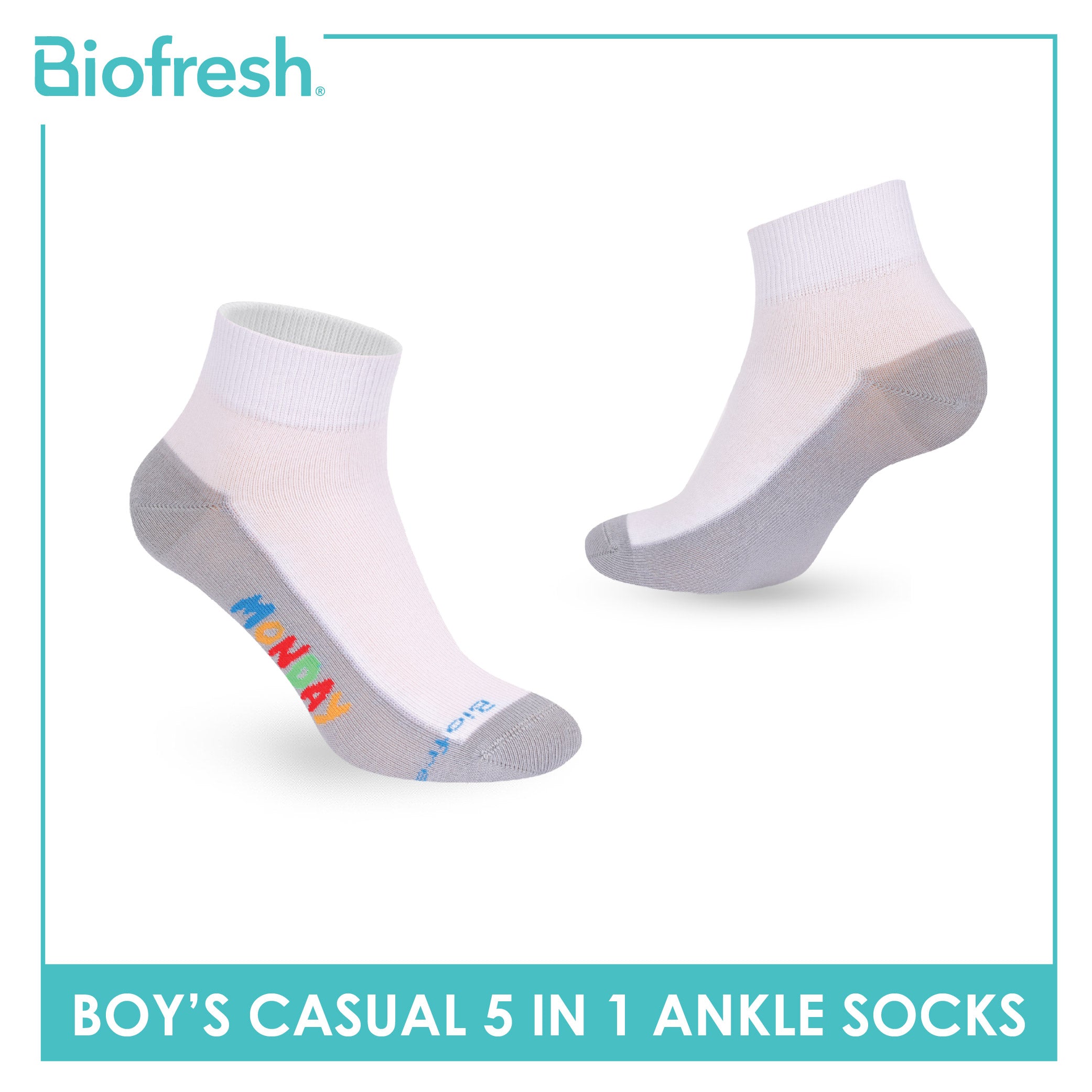Biofresh Boys’ Antimicrobial Cotton Thin Casual Ankle Socks 5 pairs in 1 pack RBCKG2F