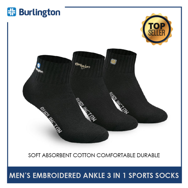 Burlington E1001 Men's Thick Cotton Embroidered Ankle Sports Socks 3 pairs in a pack (4368103243881)