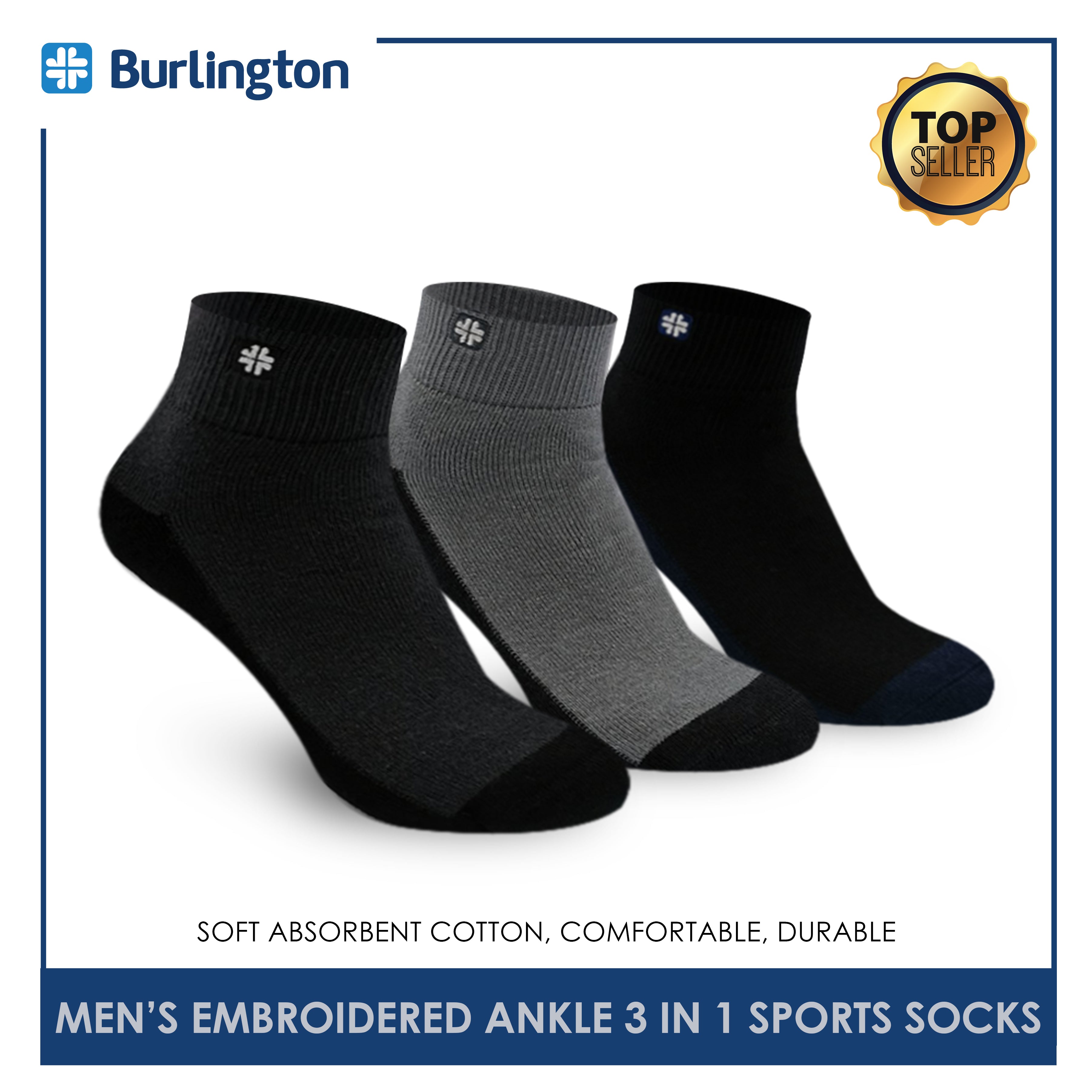 Burlington BMKSEG13 Men's Thick Cotton Ankle Sports Socks 3 pairs in a pack (4769465073769)