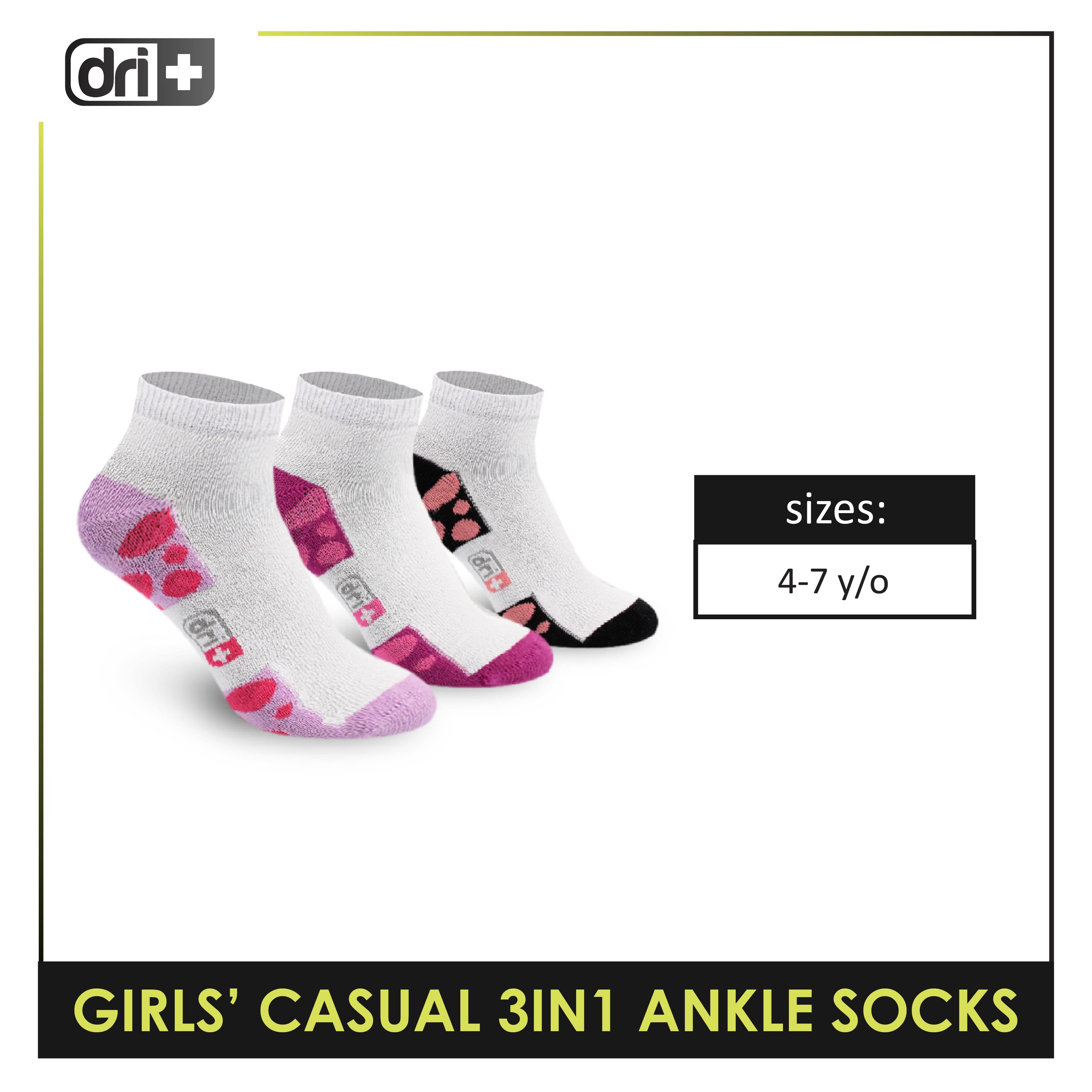 Dri Plus Girls' Children Cotton Ankle Lite Thin Casual Socks 3 pairs in 1 pack DGCG11