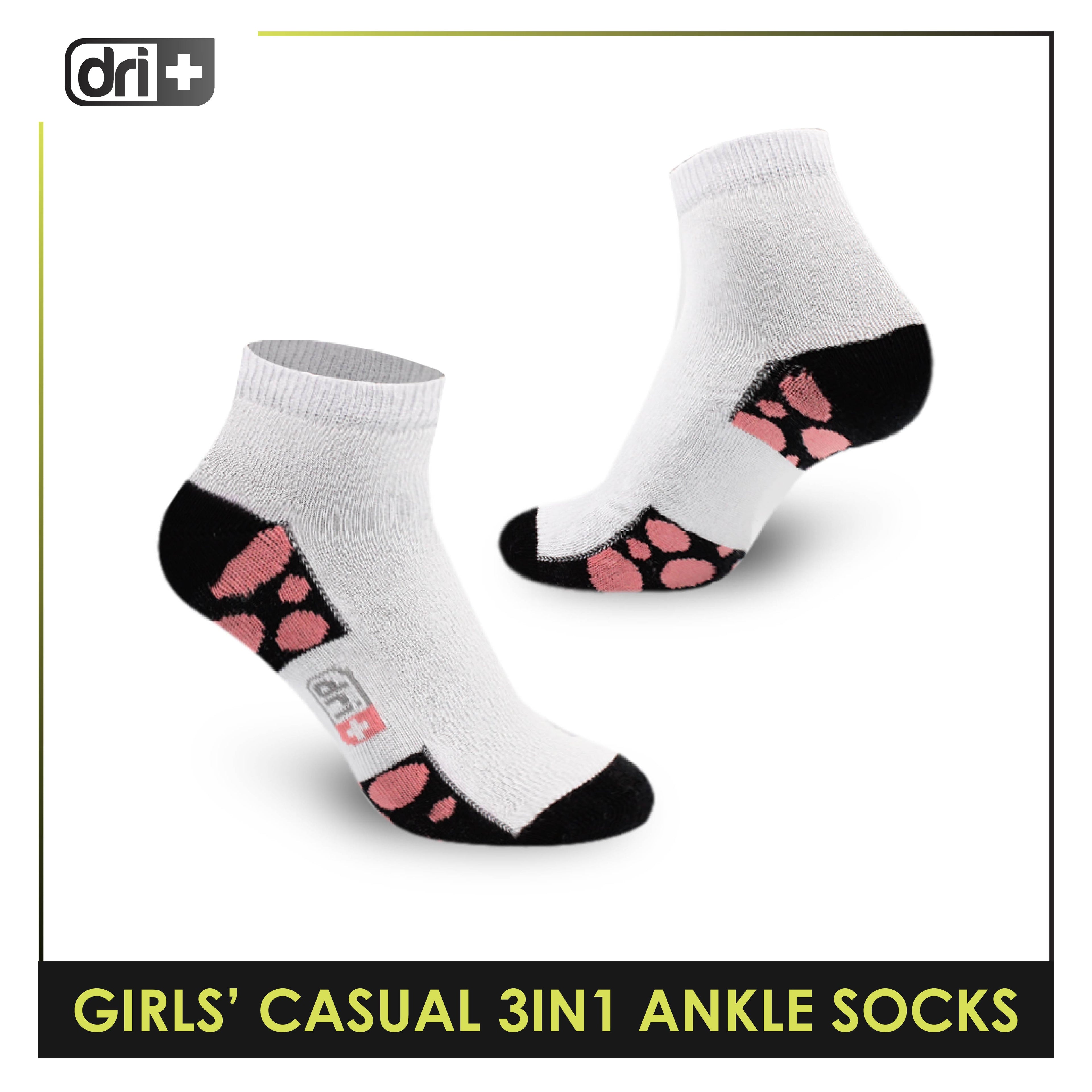 Dri Plus Girls' Children Cotton Ankle Lite Thin Casual Socks 3 pairs in 1 pack DGCG11