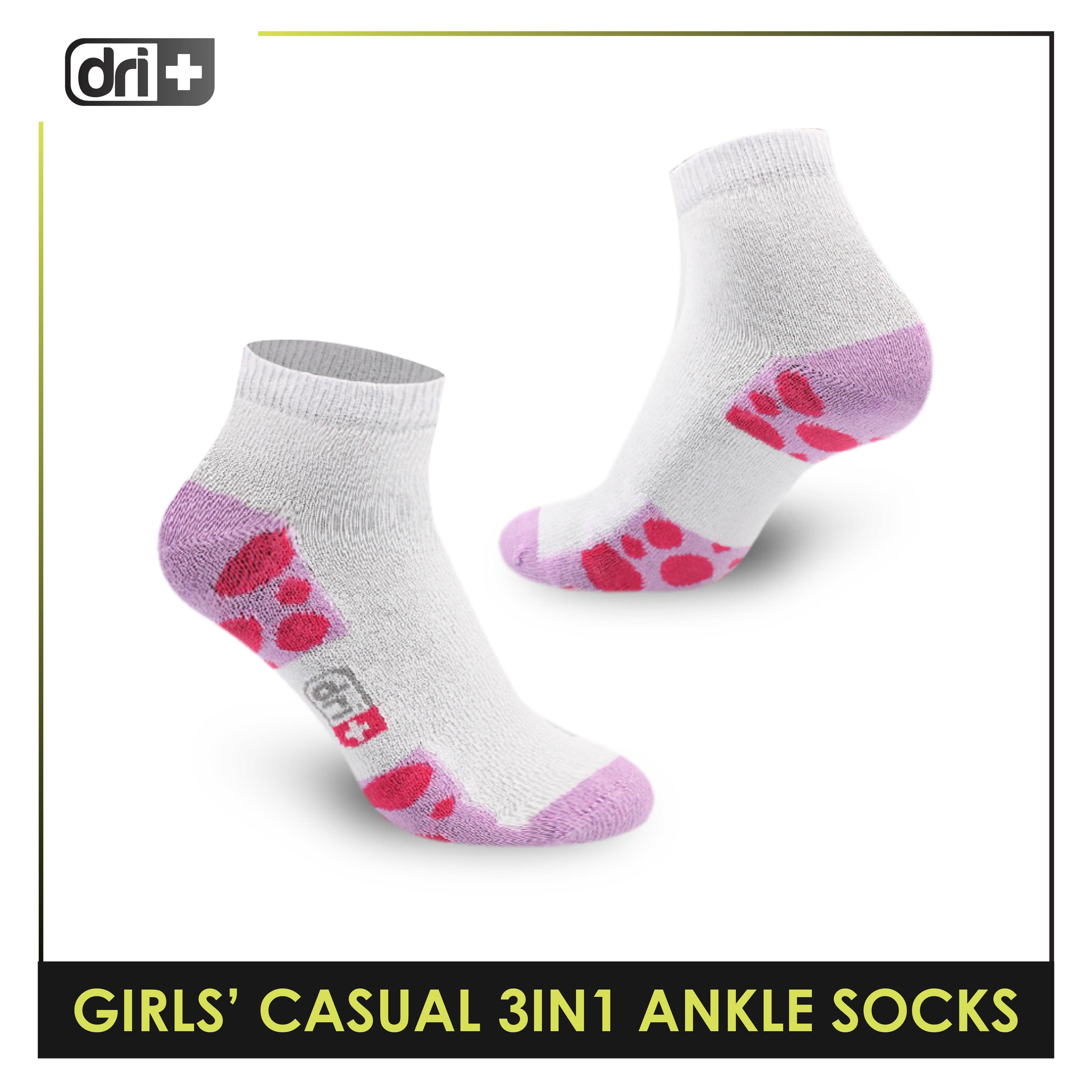 Dri Plus Girls' Children Cotton Ankle Lite Thin Casual Socks 3 pairs in 1 pack DGCG11