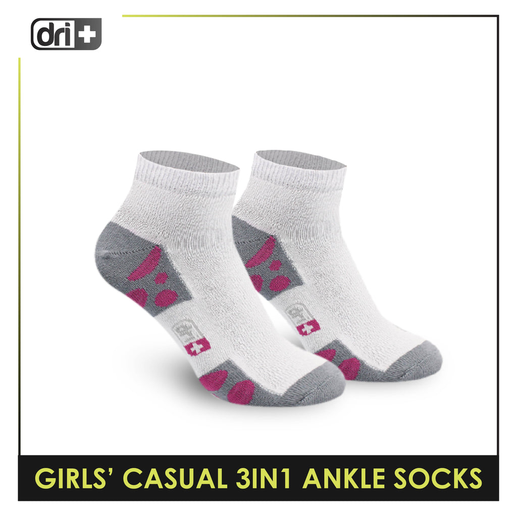 Dri Plus Girls' Children Cotton Ankle Lite Thin Casual Socks 3 pairs in 1 pack DGCG11
