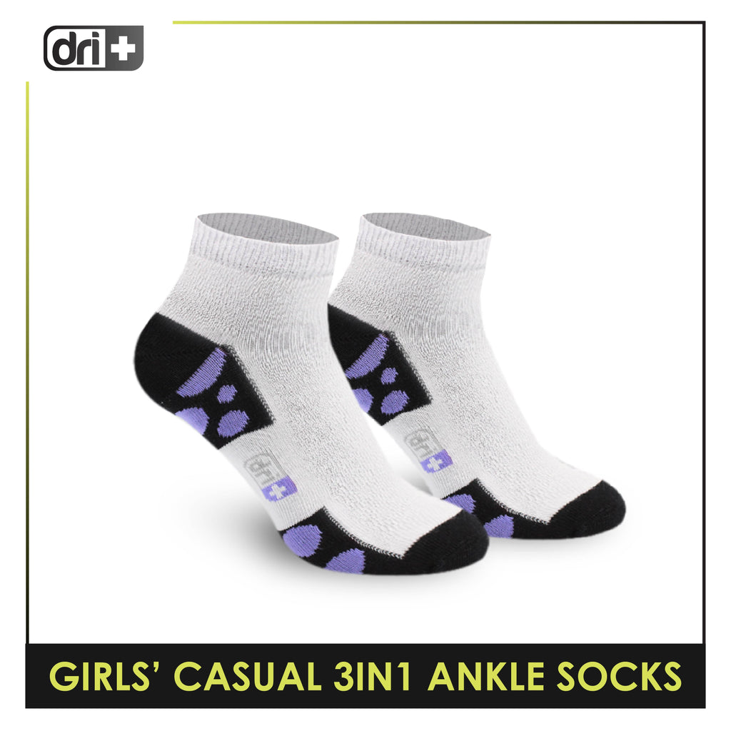 Dri Plus Girls' Children Cotton Ankle Lite Thin Casual Socks 3 pairs in 1 pack DGCG11