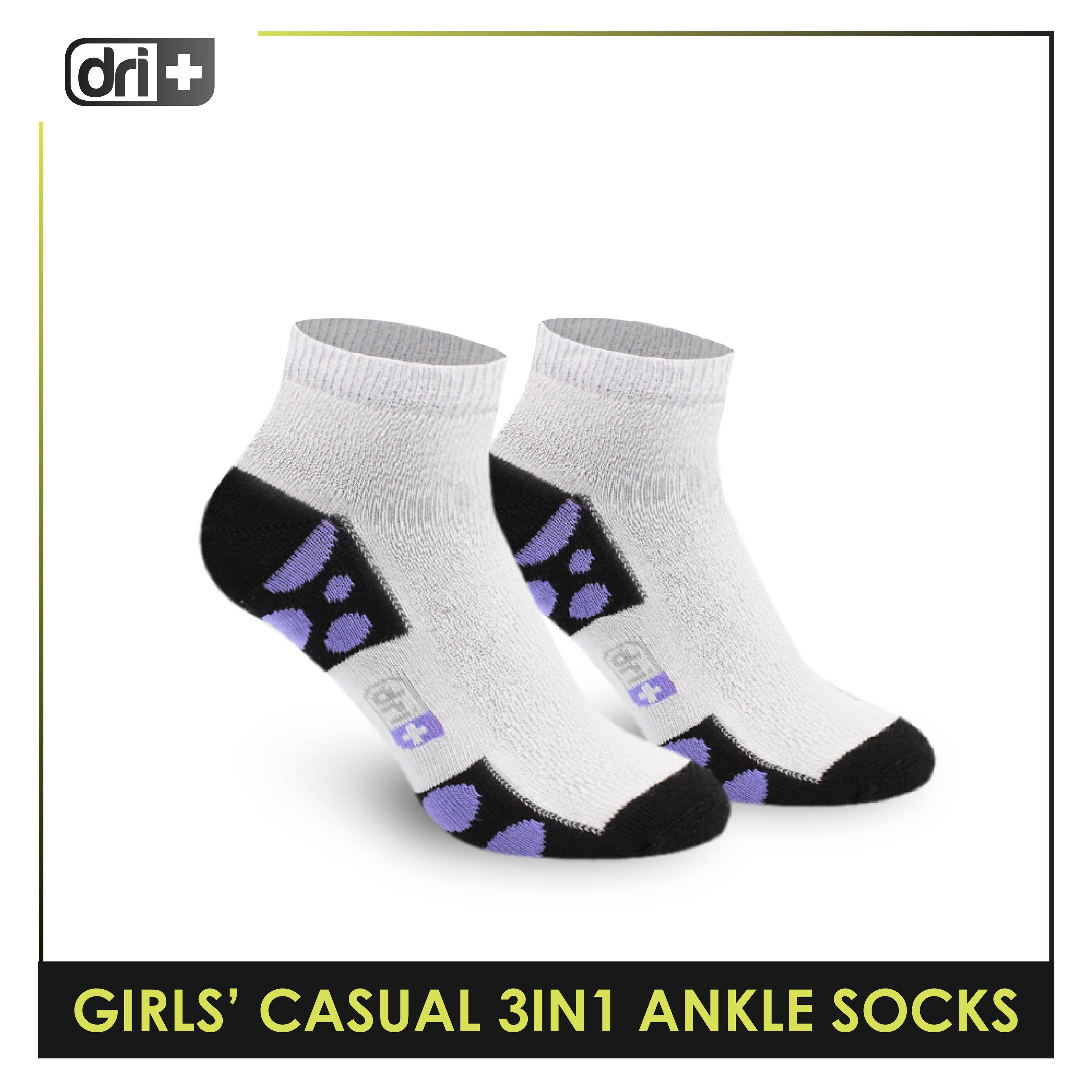 Dri Plus Girls' Children Cotton Ankle Lite Thin Casual Socks 3 pairs in 1 pack DGCG11