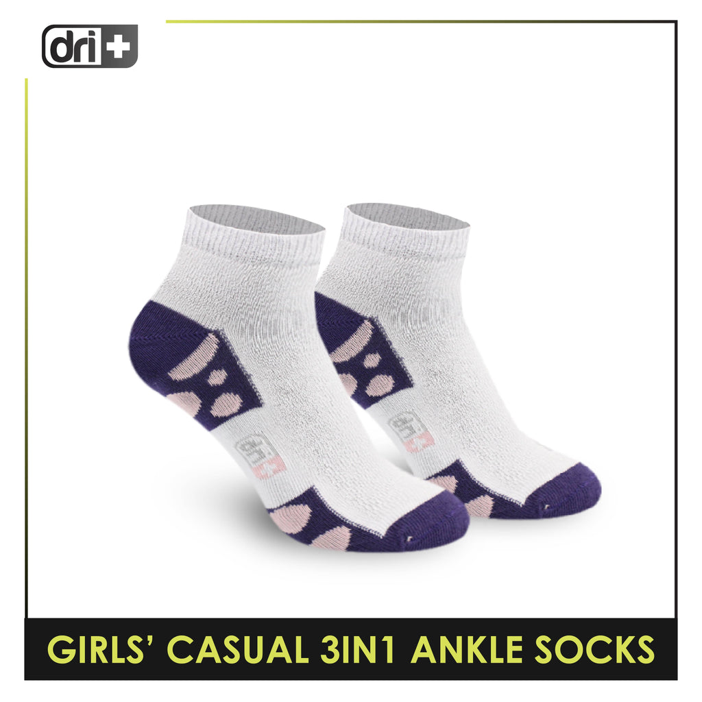 Dri Plus Girls' Children Cotton Ankle Lite Thin Casual Socks 3 pairs in 1 pack DGCG11