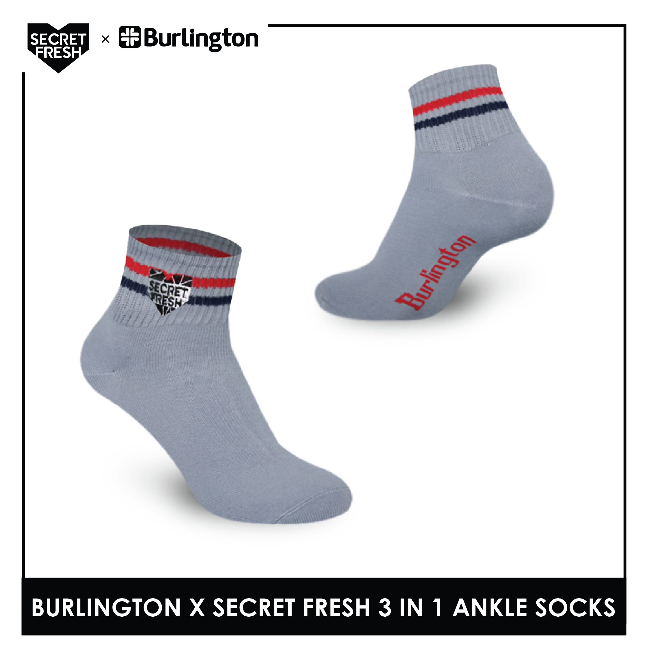 Burlington SFBMCEG1104 Mens' Cotton Lite Casual Ankle socks X Secret Fresh Pack of 3 (6600158117993)