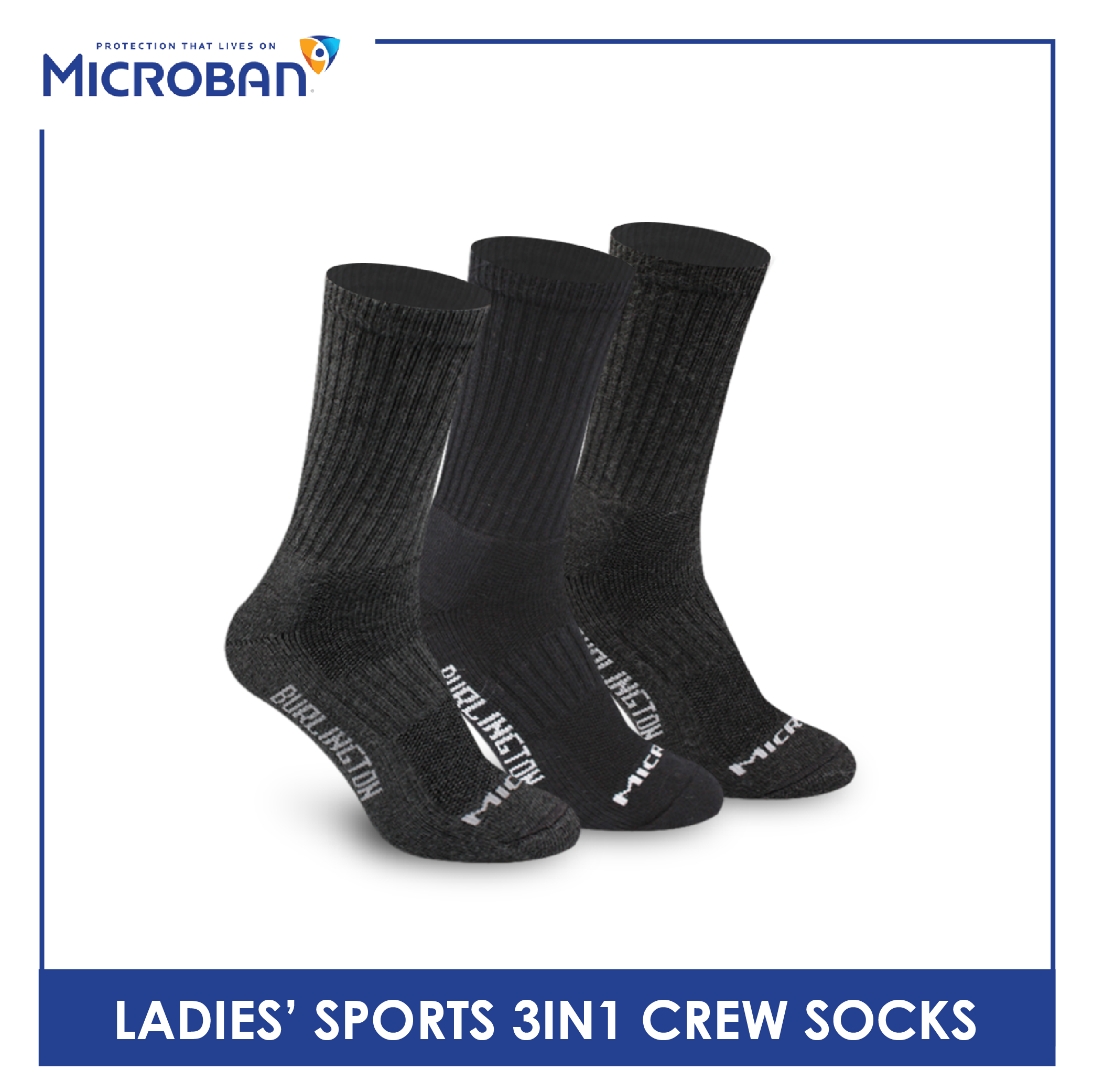 Microban Ladies' Cotton Thick Sports Crew Socks 3 pairs in a pack VLSKG13