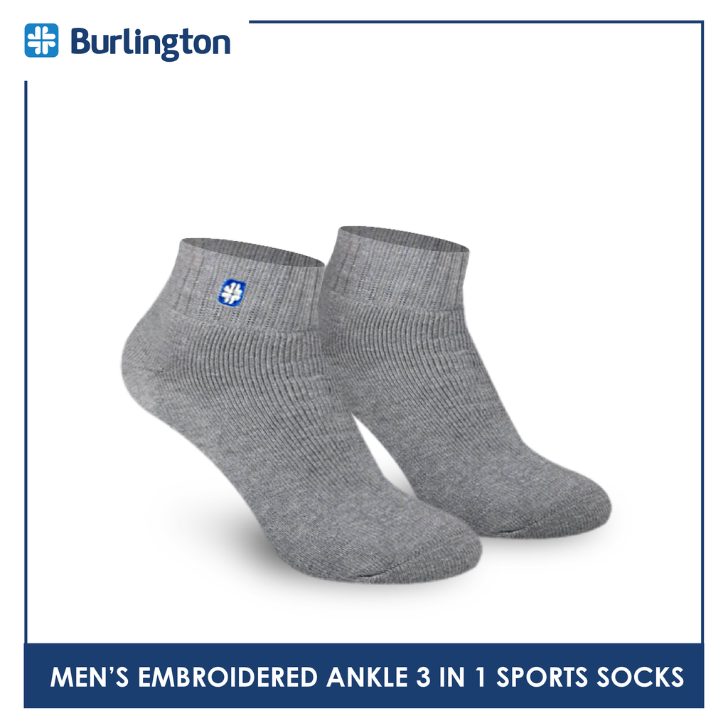 Burlington E1001 Men's Thick Cotton Embroidered Ankle Sports Socks 3 pairs in a pack (4368103243881)