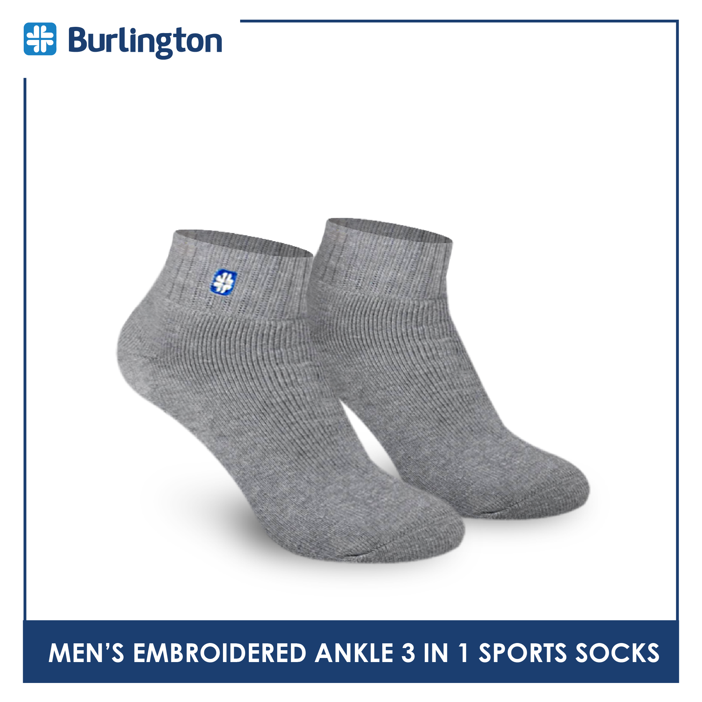 Burlington E1001 Men's Thick Cotton Embroidered Ankle Sports Socks 3 pairs in a pack (4368103243881)