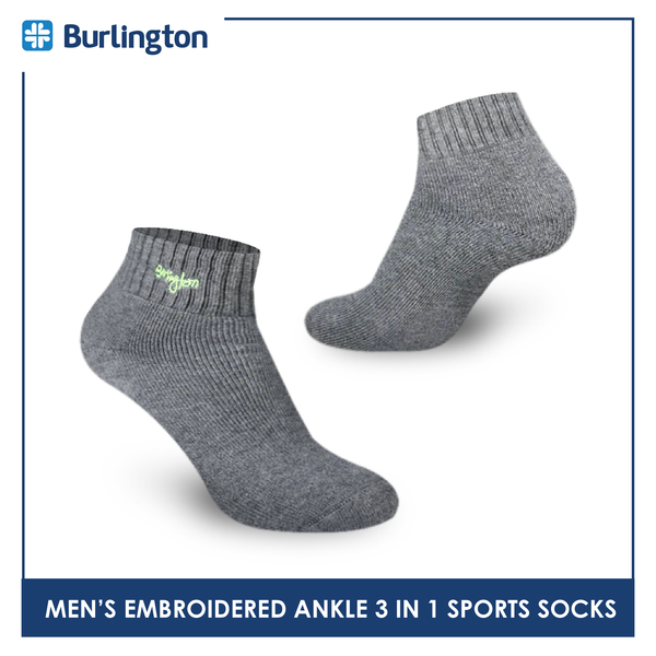 Burlington E1001 Men's Thick Cotton Embroidered Ankle Sports Socks 3 pairs in a pack (4368103243881)